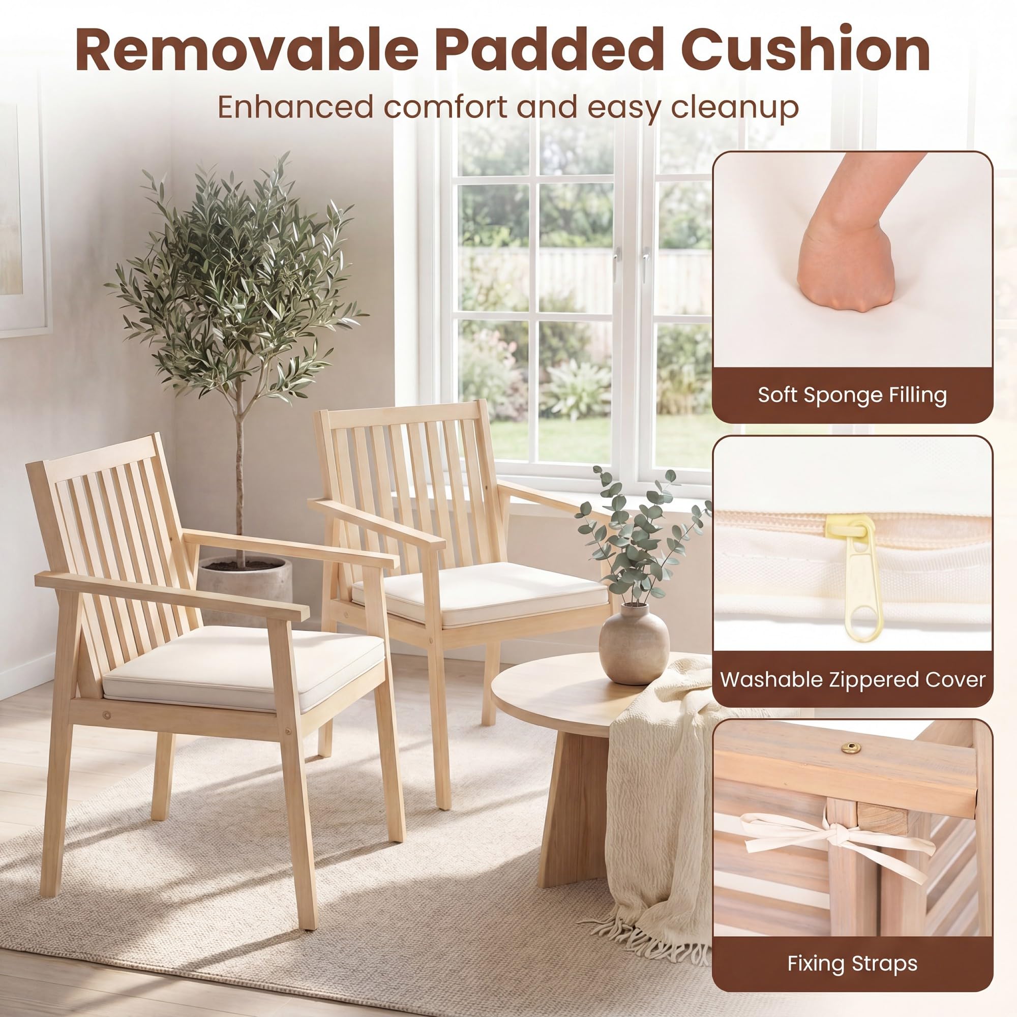 GIANTEX Juego de 2 sillas de comedor de madera de acacia con cojín acolchado, reposabrazos y patas ajustables, silla de cocina de hasta 180 kg, para patio, terraza, 64 x 59 x 86 cm (beige)