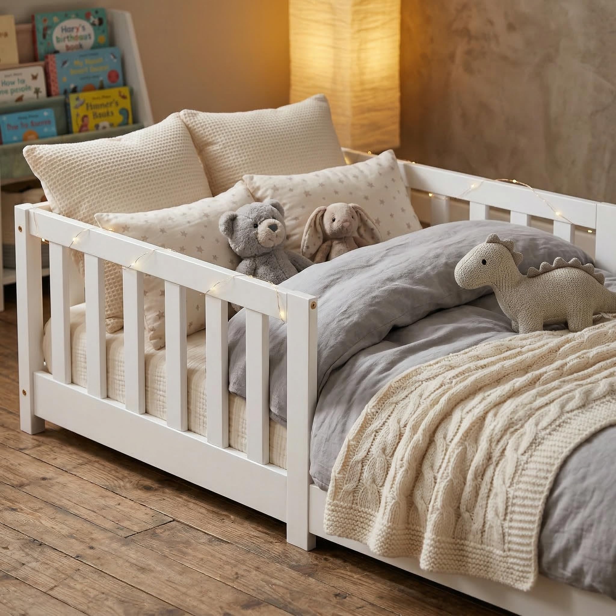 ecomi® Kinderbett 80x160 mit Rausfallschutz Bodenbett Kinder Bett mit Lattenrost für Kinder Kinderbetten für Mädchen und Jungen Massivholz Kiefer in Weiß