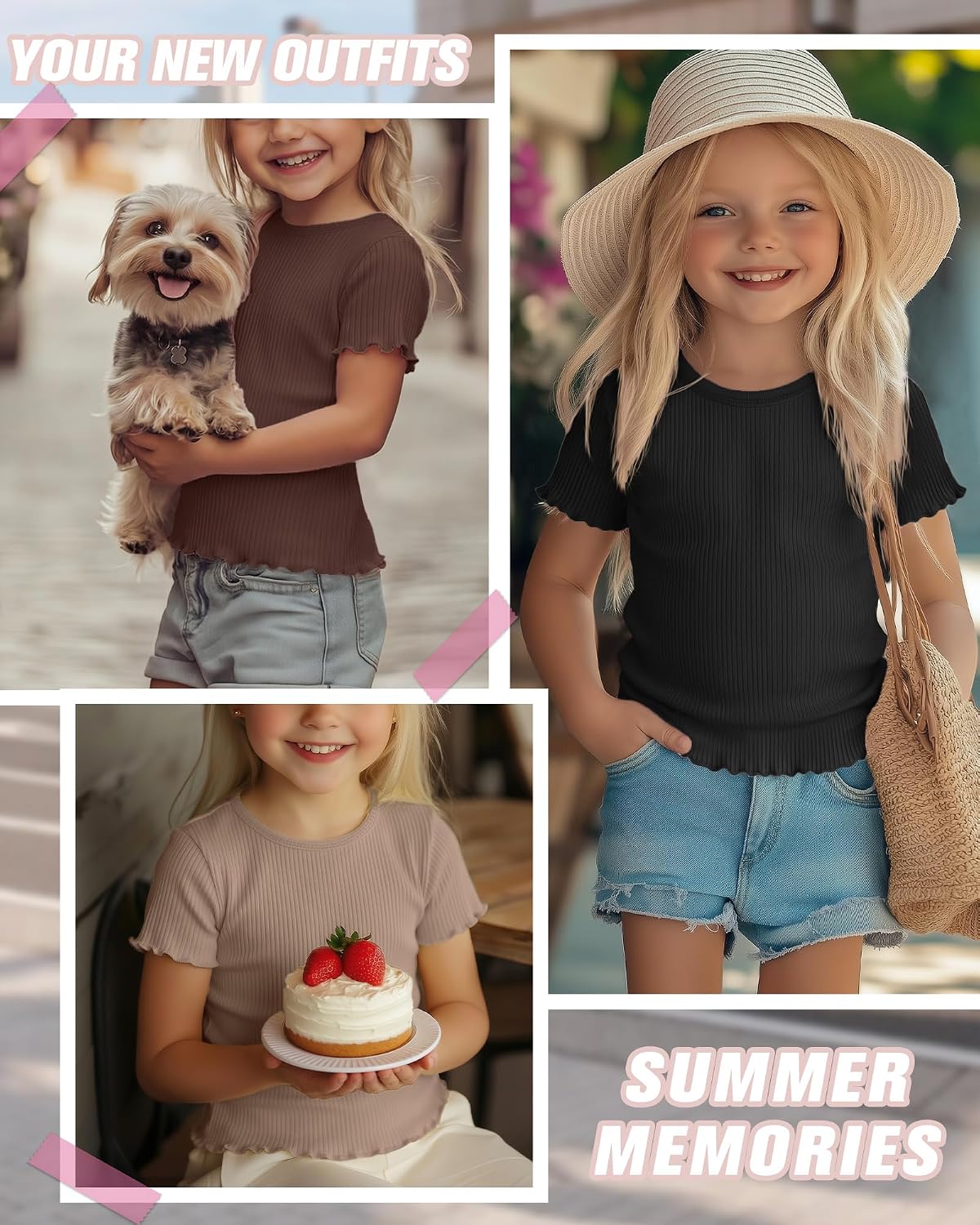 5 Pack Toddler Girl T Shirts Crew Neck Short Sleeve Ribbed Tops Baby Girls Lettuce Trim Cotton Shirts 18M-5T