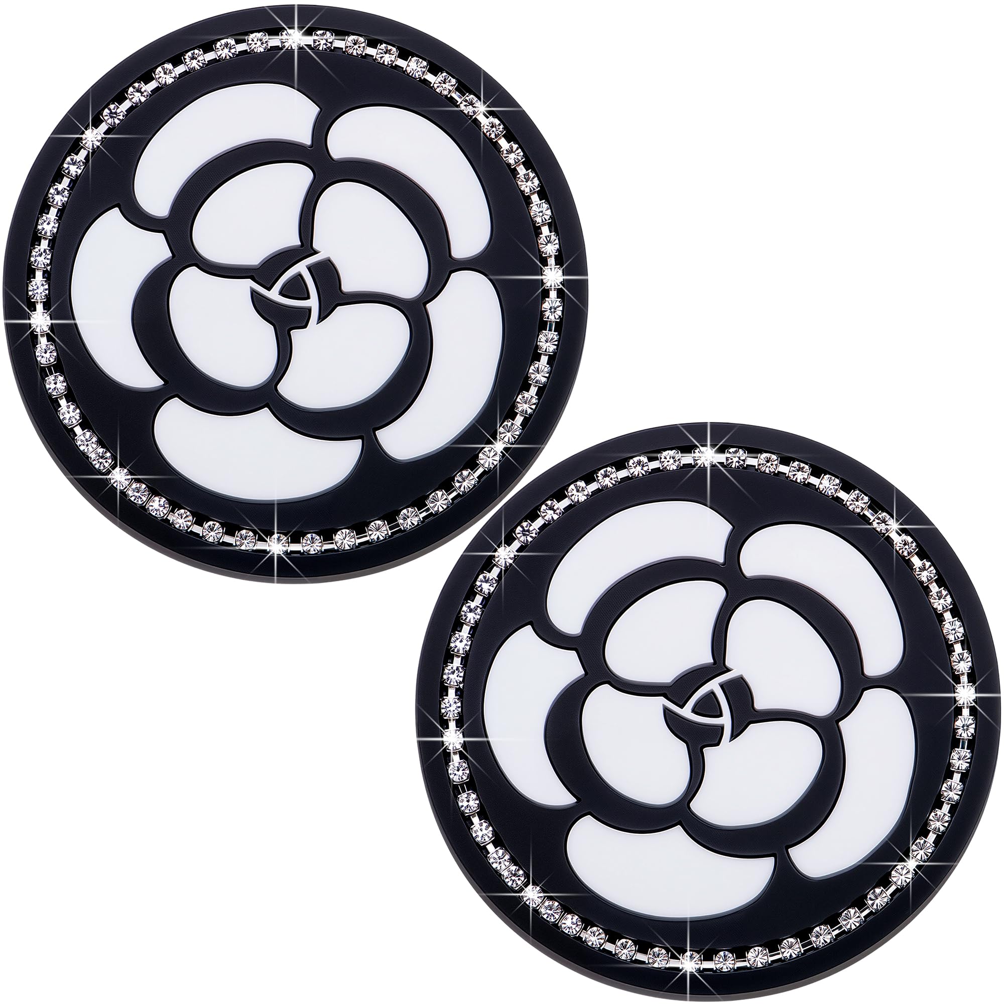2-Pack Bling Cup Holder Coasters for Cars – 2.75 Inch Silicone Inserts – Anti-Slip, Shockproof – Decorative Vehicle Accessories for Women &amp; Girls (White Flower)