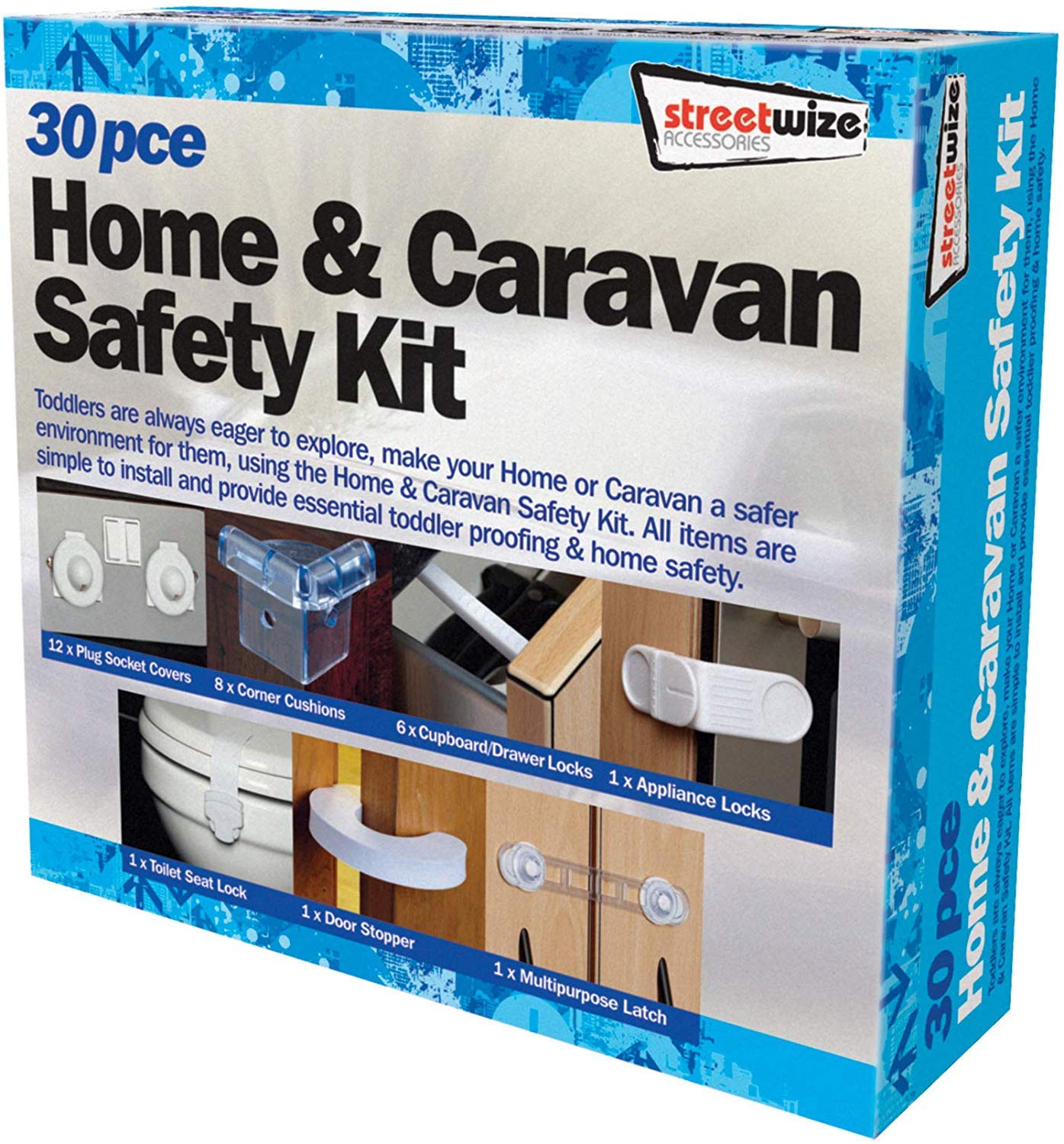 Streetwize SWHOM Multipurpose Home & Caravan Safety Kit [30 Pcs] Plug Socket Cover, Latch, Cushion, Locks, Stoppers