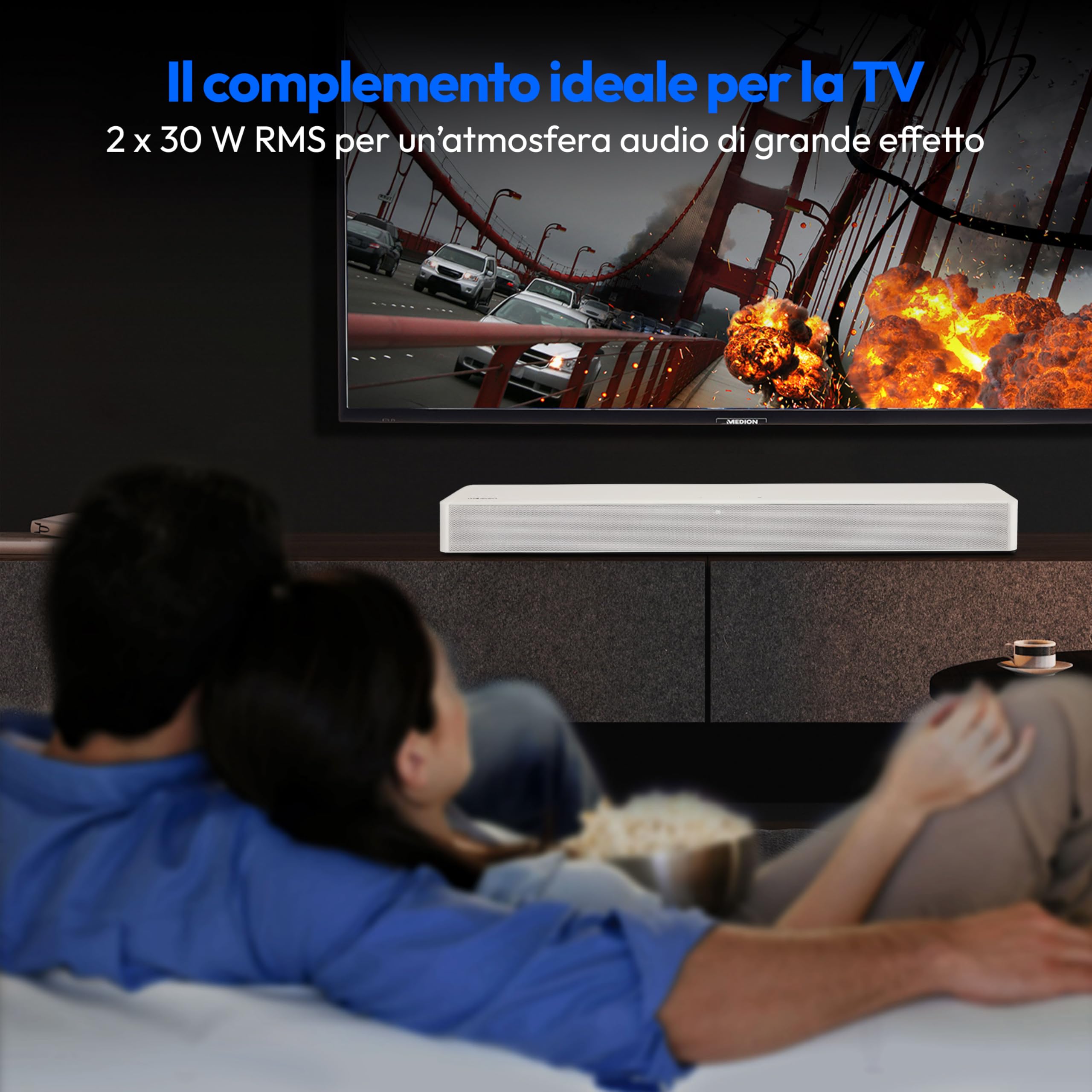 MEDION P61155 2.0 Soundbar con Bluetooth (incl. telecomando, comando touch, HDMI (ARC), AUX, ingresso ottico, 2 x 30 W RMS) bianco