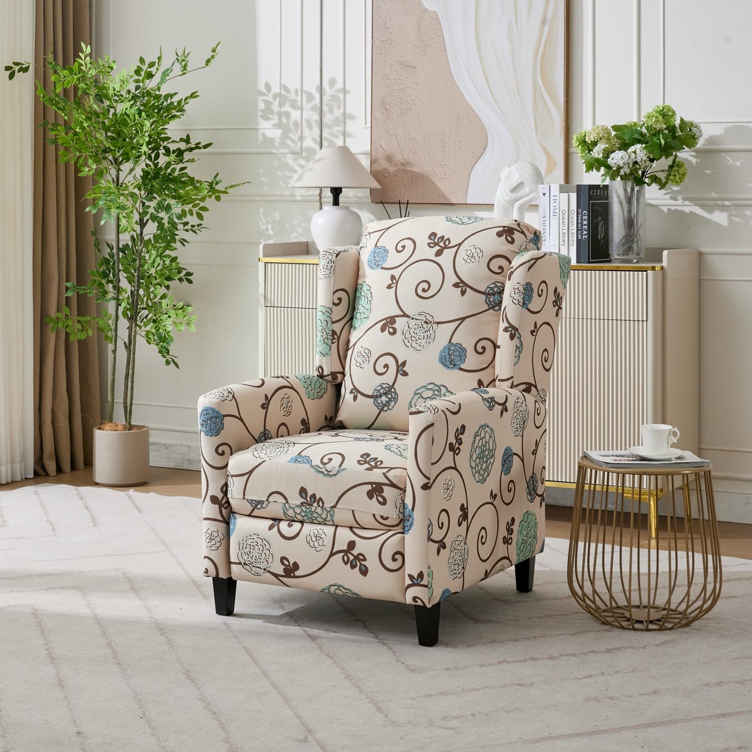 Push Back Recliner Chair with High Back, Blue Floral Print Fabric Upholstery, Classic Wing Back Design, 250 LBS Capacity (Beige)