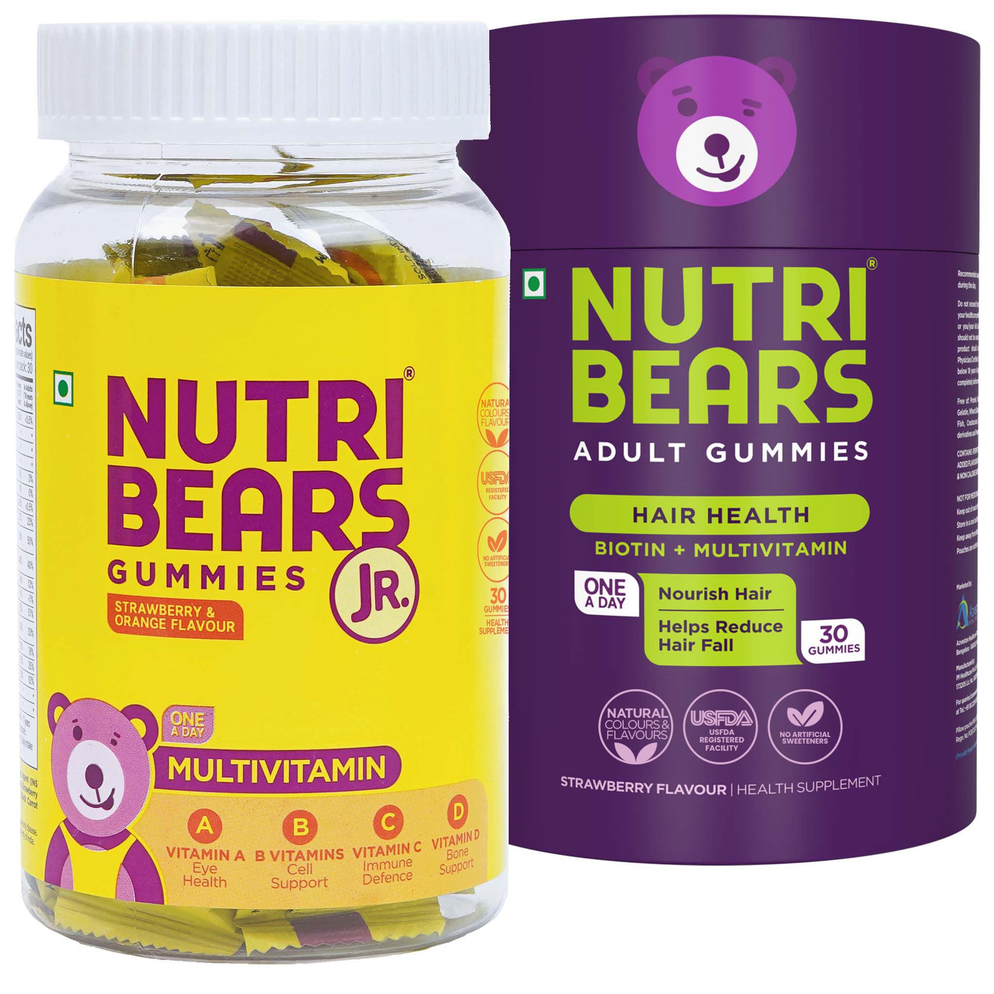 NutriBears Kids Multivitamin and Biotin Hair Gummies for Women & Men Combo, Supports Daily Wellness, Nourishing Anti-Loss Vitamin Supplement for Thinning, Weak, or Brittle Hair, 60 Gummy Bears