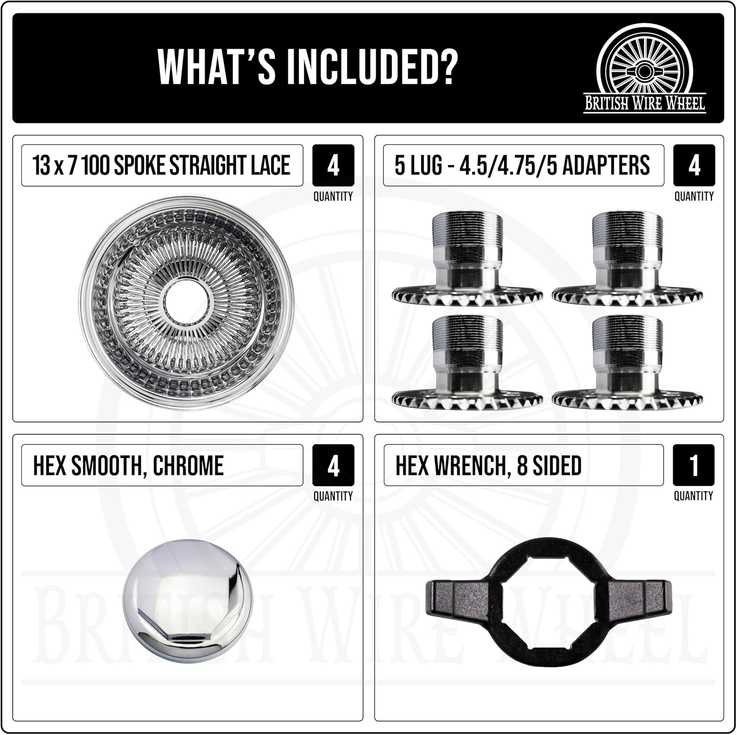 13x7 Reverse 100 Spoke Straight Lace Wire Wheels w/ 8-Sided Hex Knock Off Spinner Caps + Chrome Adapters 5x4.5, 5x4.75, 5x5 | Chrome Deep Dish Lowrider Rims | Set of 4 + Hex Wrench
