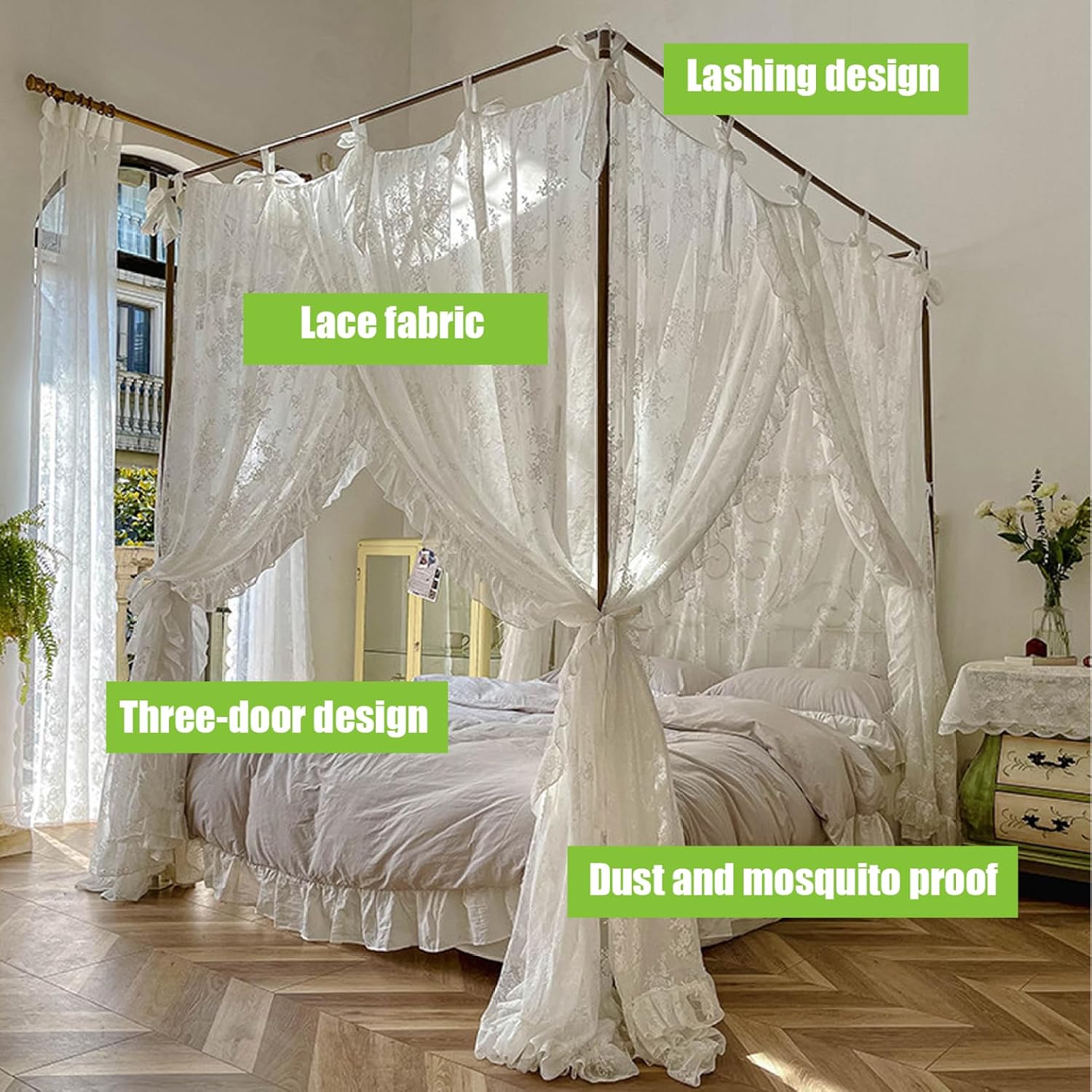 Canopy Bed Curtains, Three-Opening Lace Princess Bed Canopy, 4 Corner Post Hanging Curtains with Ties Fit 4.92ft