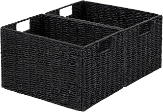 Vagusicc Wicker Storage Basket, Set of 2 Hand-Woven Paper Rope Wicker Basket, Small Storage Baskets for Organizing Toilet Paper Baskets, Foldable Large Cube Storage Organizer Bin for Shelves (Black)