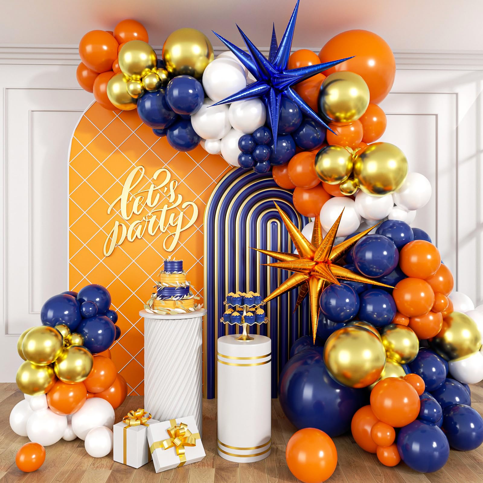 132pcs Blue and Orange Balloon Arch Garland Kit with Navy Blue Orange White Metallic Gold Balloons Foil Balloon for Birthday Party Decorations