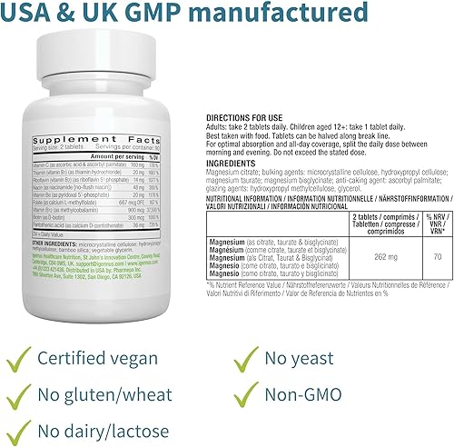 Miniatura 5 de Super B-Complex 180 comprimidos + Complejo Triple Magnesio 180 Tabletas Paquete Vegano, Complejo B de Liberación Sostenida Metilado + Glicinato de