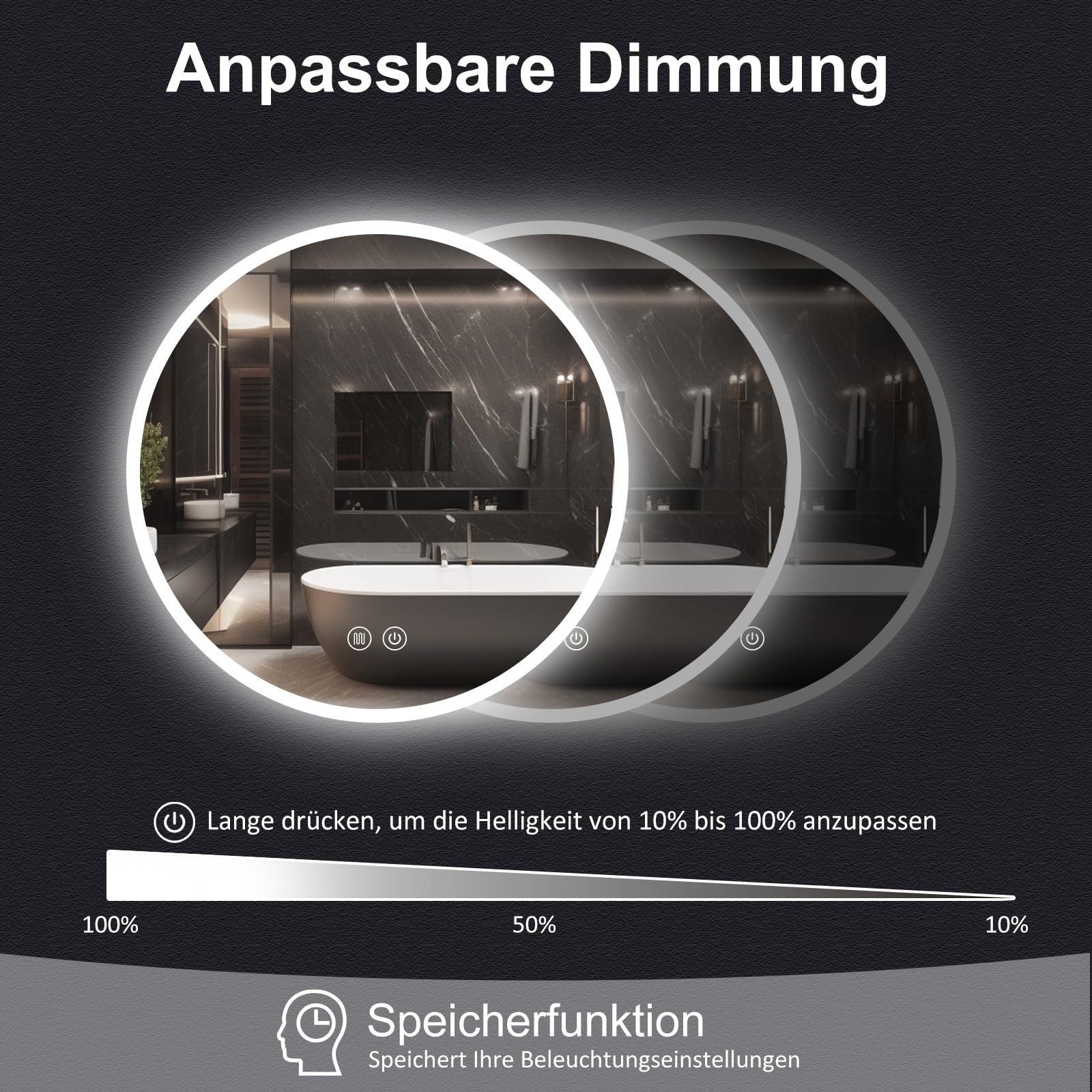 Badspiegel mit Beleuchtung 60cm, Runder Spiegel Badezimmerspiegel mit Beleuchtung, Touch-Schalter, Speicherfunktion, HD Hartglas, 3 Lichtfarben Dimmbarer LED Badezimmer Wandspiegel,60cm Rund