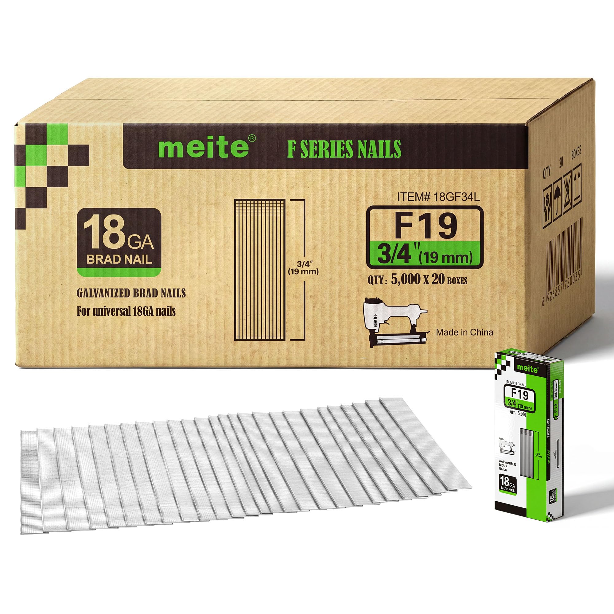 meite 18 Gauge Brad Nails, 19 mm 18G Brad Nails for Nail Gun, Galvanised Small Finishing Nails for Pneumatic, Electric 18GA Brad Nailer Gun (1 Case - 20 Boxes)