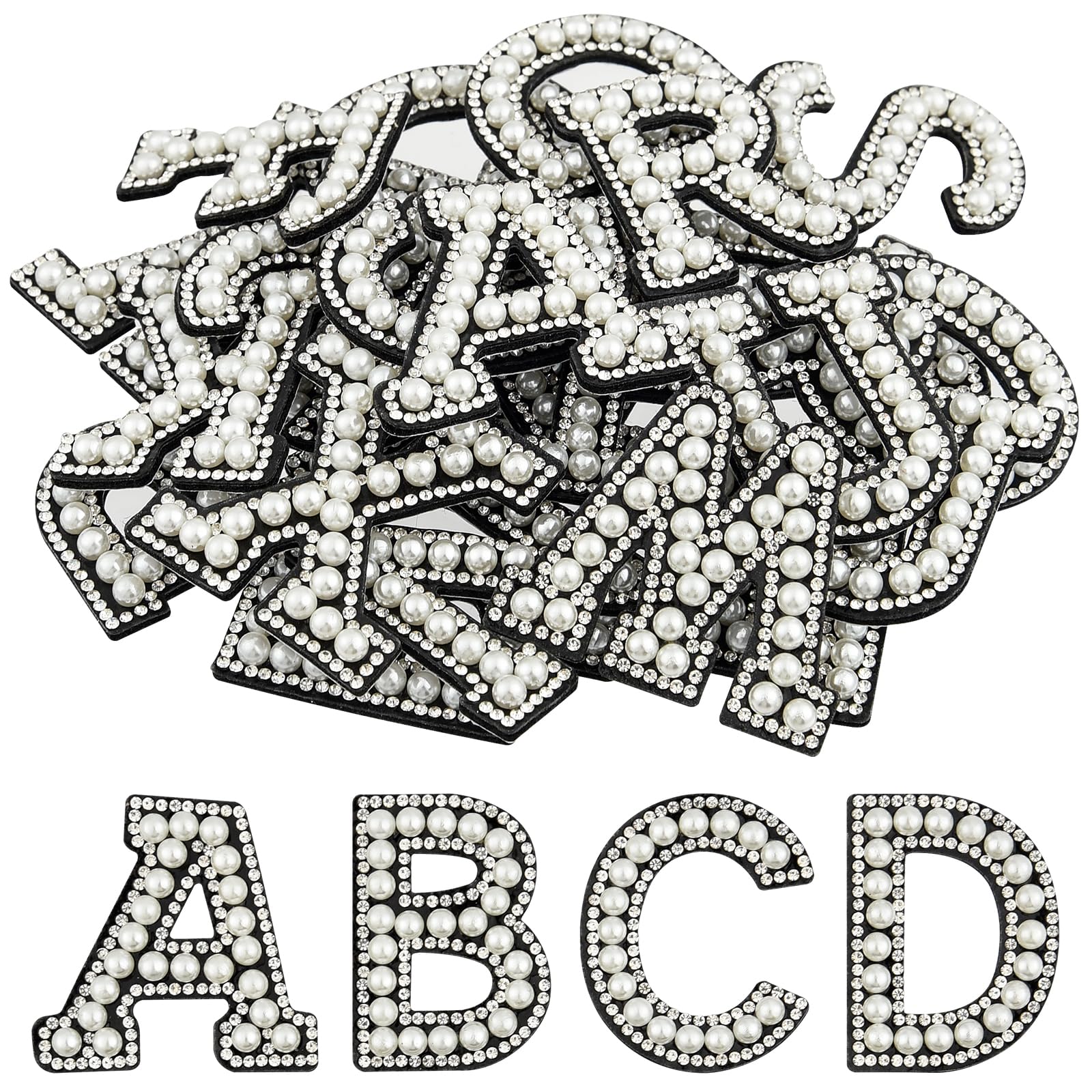 CHRORINE 26/52/78 Pcs Self Adhesive Pearl Rhinestone Letter Patches A-Z, Pearl Letter Alphabet Stickers for Hats, Clothes, Pants, Bags (52, Black, Height 1.9″)