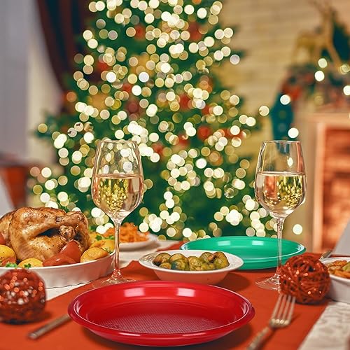 Miniatura 5 de 300 platos de plástico de Navidad, color verde y rojo, platos desechables de Navidad a granel de 6.5 pulgadas, platos redondos de postre de cena de