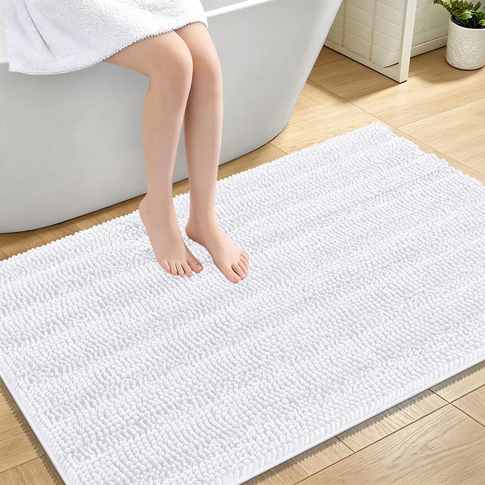 OLANLY Thick Large Bathroom Rugs 47x32, Soft Chenille Bath Rugs, White