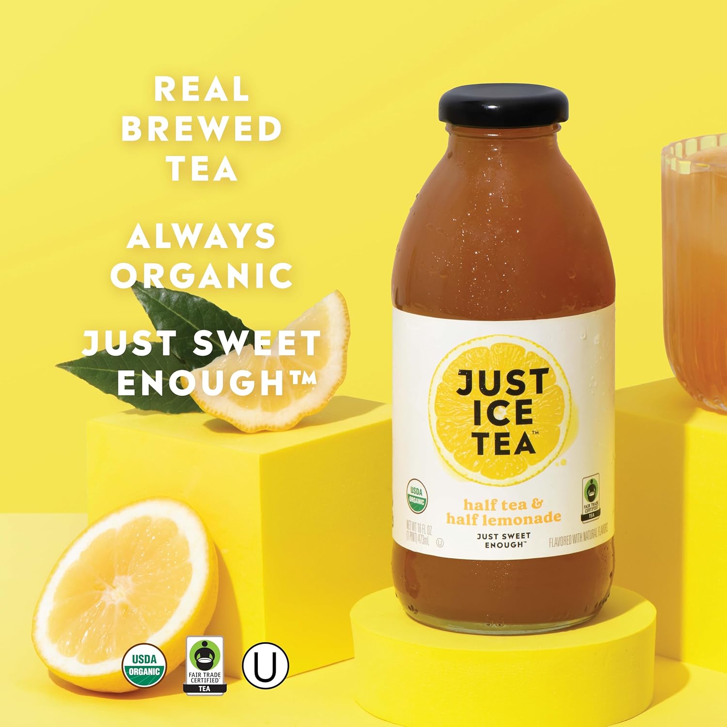 Just Ice Tea Organic Iced Tea, 16 Fl Oz Glass Bottles (Half Tea & Half Lemonade, Pack of 12)