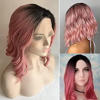 Black Ombre Dark Pink Color Natural Big Loose Wave Short Bob Style Heat Resistant Synthetic Lace Front Wigs 12inch