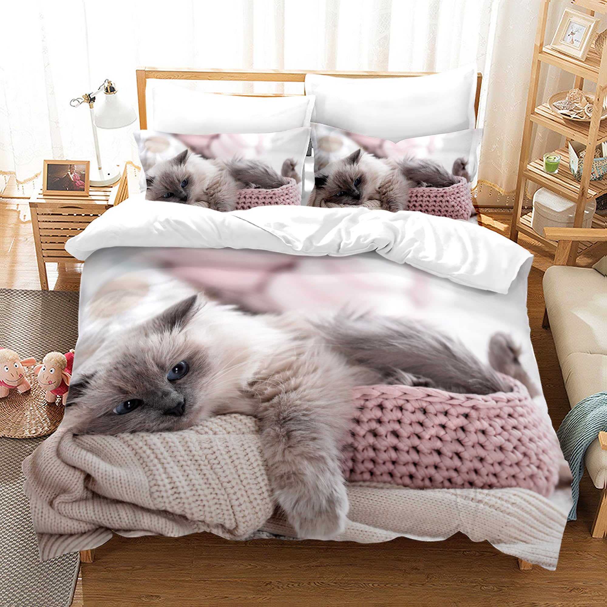 KAIDAARTLH Cat bedding set 200x200cm, Cat motif microfibre duvet cover, 3D print bedding sets 3-piece with zip