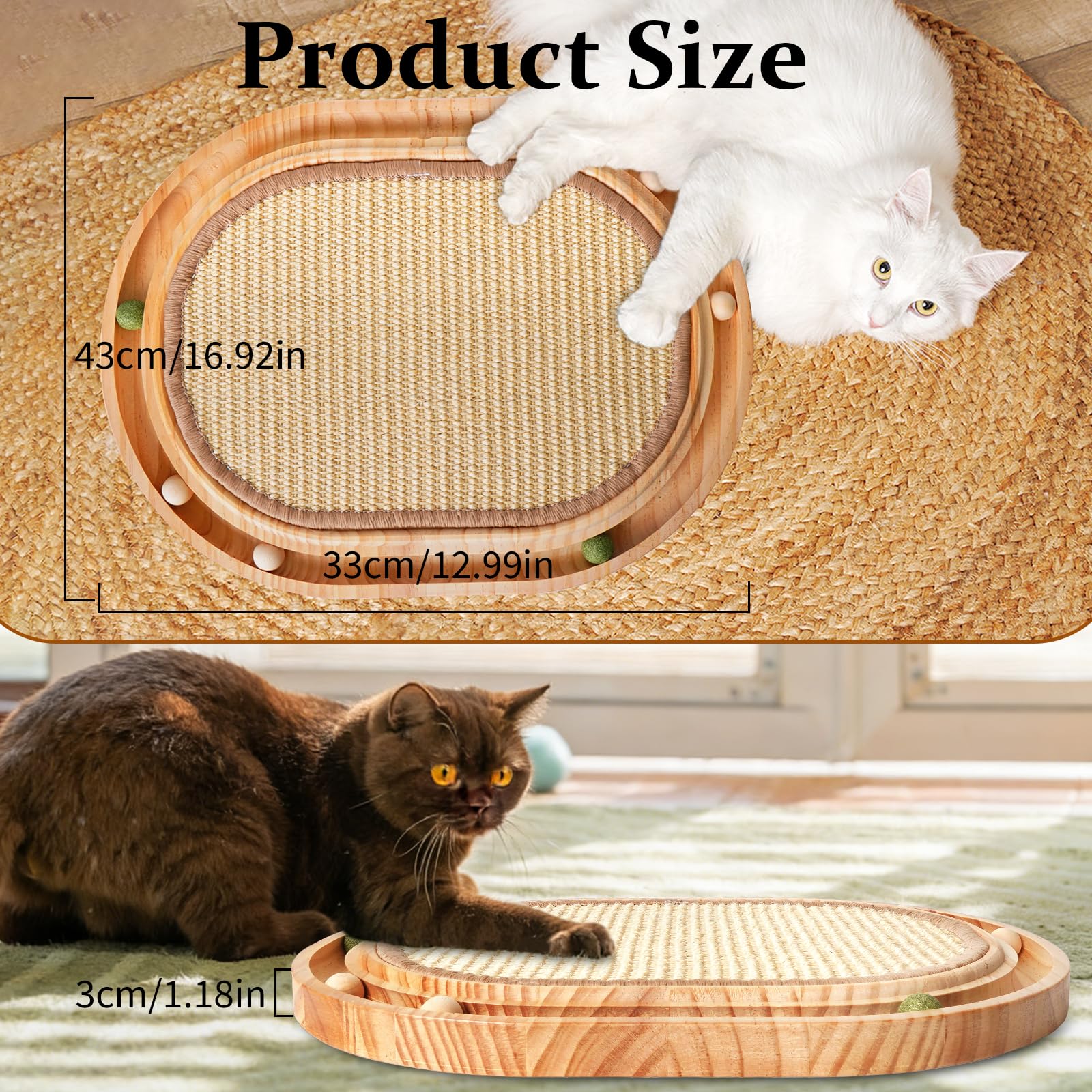 LURICO Griffoir en Sisal pour Chat, Jouet 2 en 1, 43x33x2.5 Cm Chat Griffoir Réutilisable, Chaise Longue avec 6 Petite Balle pour Tous Les Chats, Jouer, Se，Protège Les Tapis et Canapés