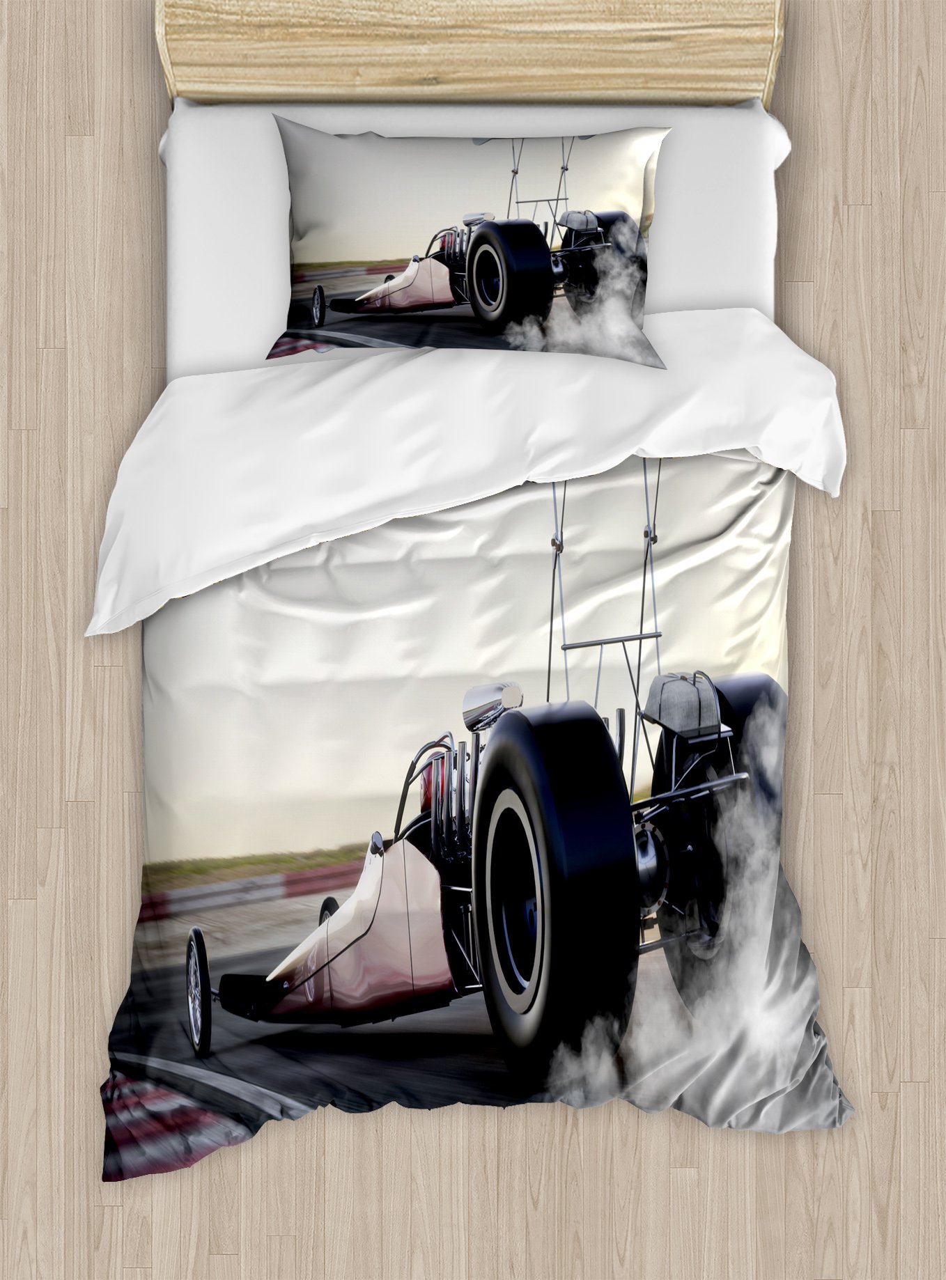 Ambesonne Cars Duvet Cover Set, Dragster Racing Down The Track Burnout Competition Speed Sports Technology, Decorative 2 Piece Bedding Set with 1 Pillow Sham, Twin Size, Grey Black White