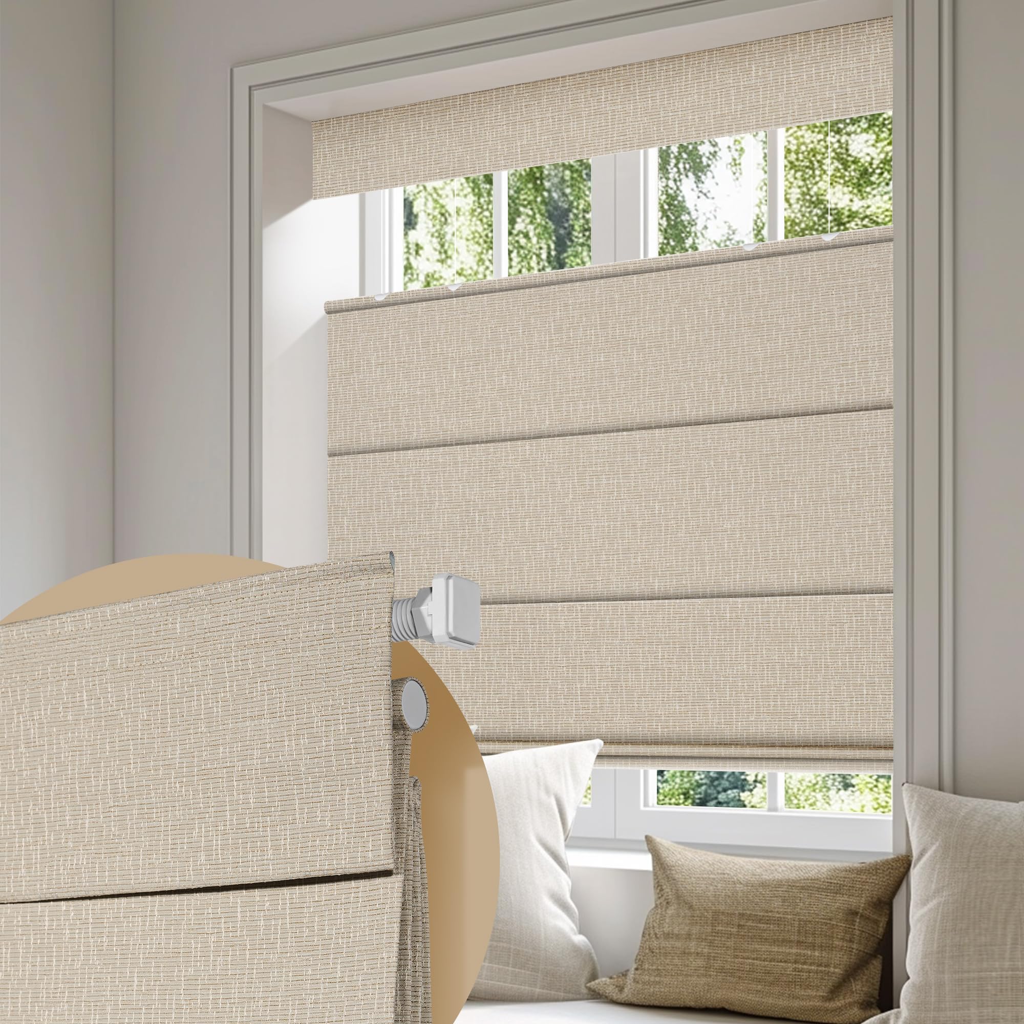 Boolegon No Drill Cordless Roman Shades for Windows, No Fray Blackout Top Down Bottom Up Roman Blinds No Tools,Easy Install for Indoor Windows, Living