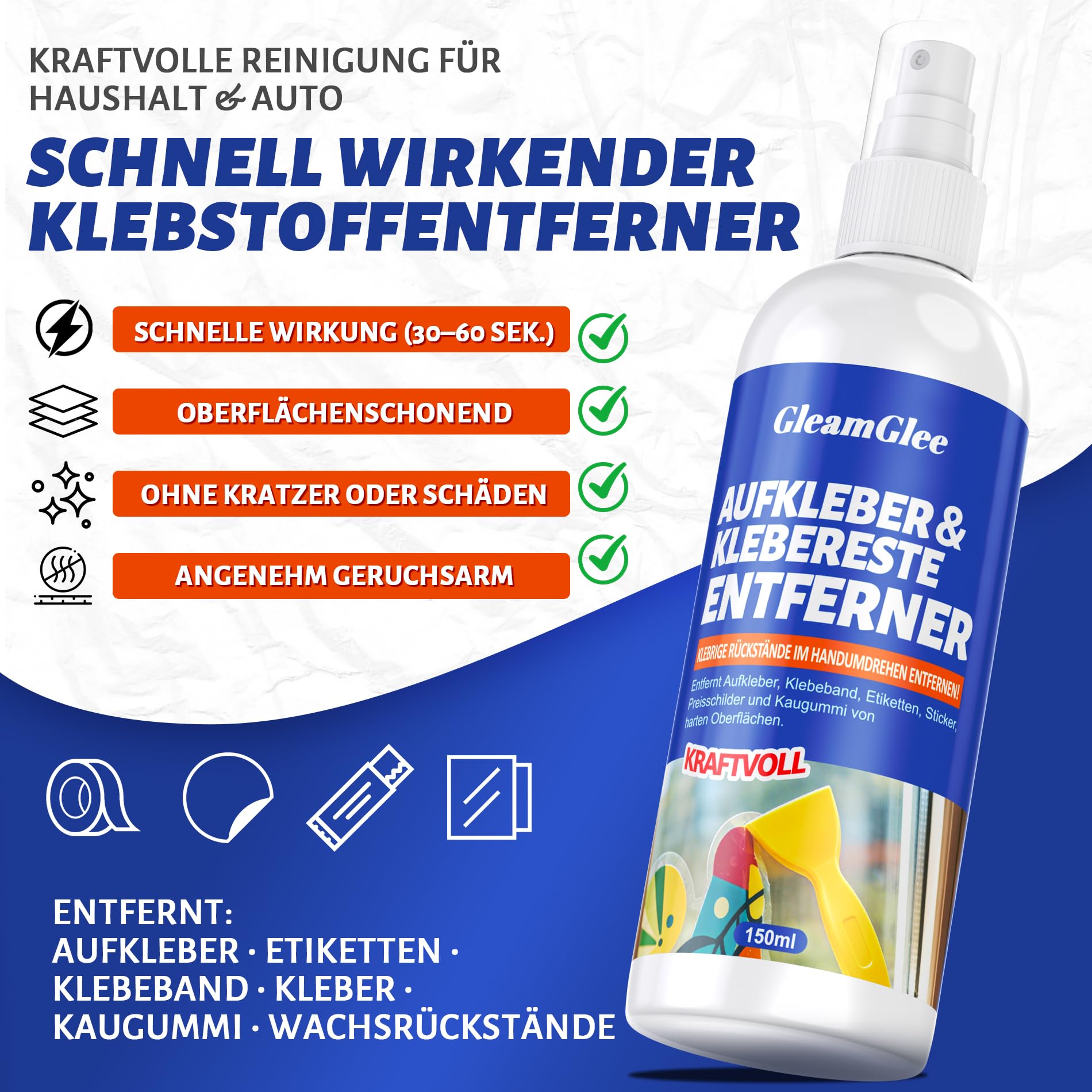 Klebstoffentferner Spray 150 ml – Profi Klebereste & Etikettenentferner für Aufkleber, Silikon, Fett, Harz & Wachsrückstände – Geeignet für Glas, Metall, Kunststoff, Holz – mit Schaber