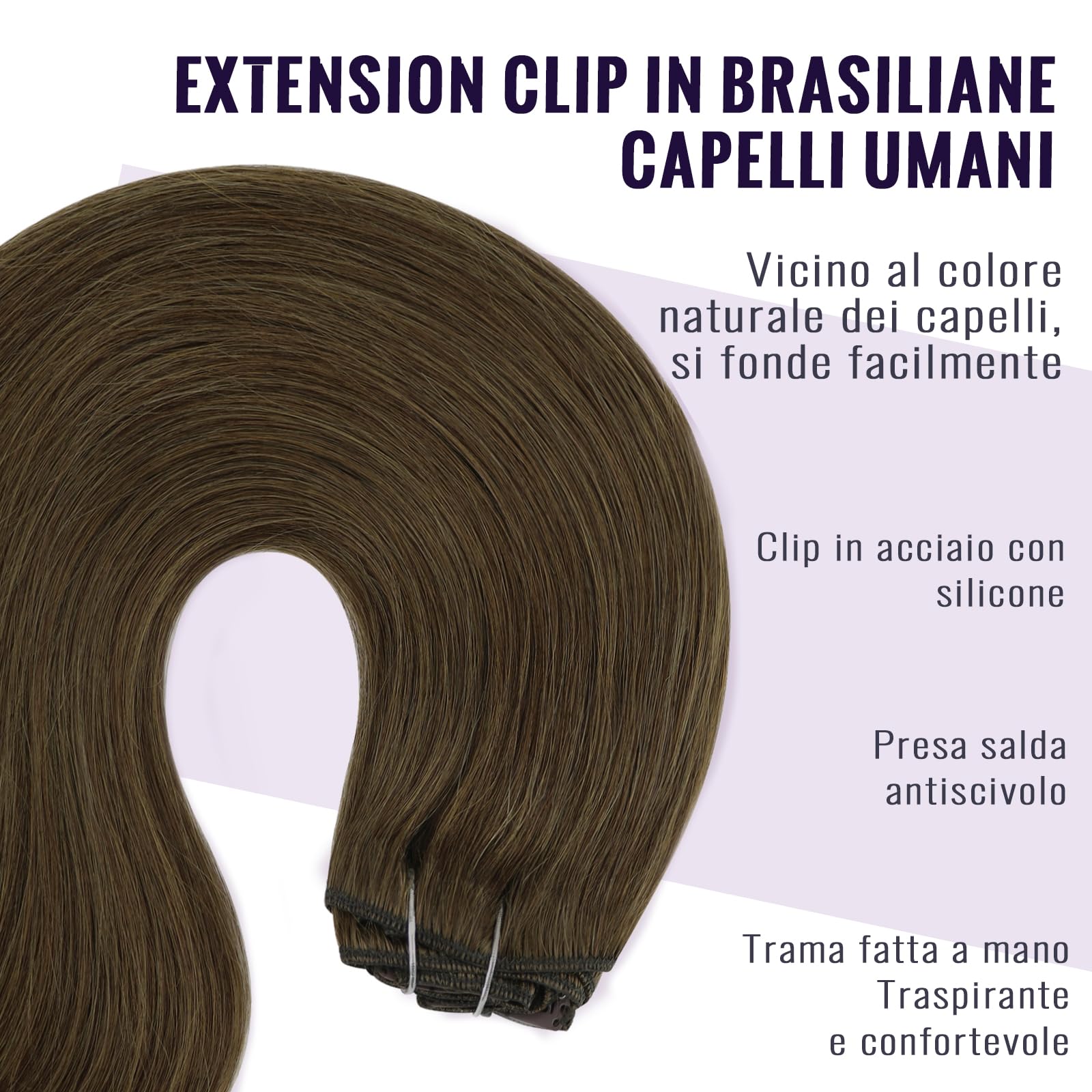 Fshine Extension Capelli Veri Clip 40 cm 120 g 7 pcs Marrone Cioccolato Lisci Umani Remy Naturali Invisibile