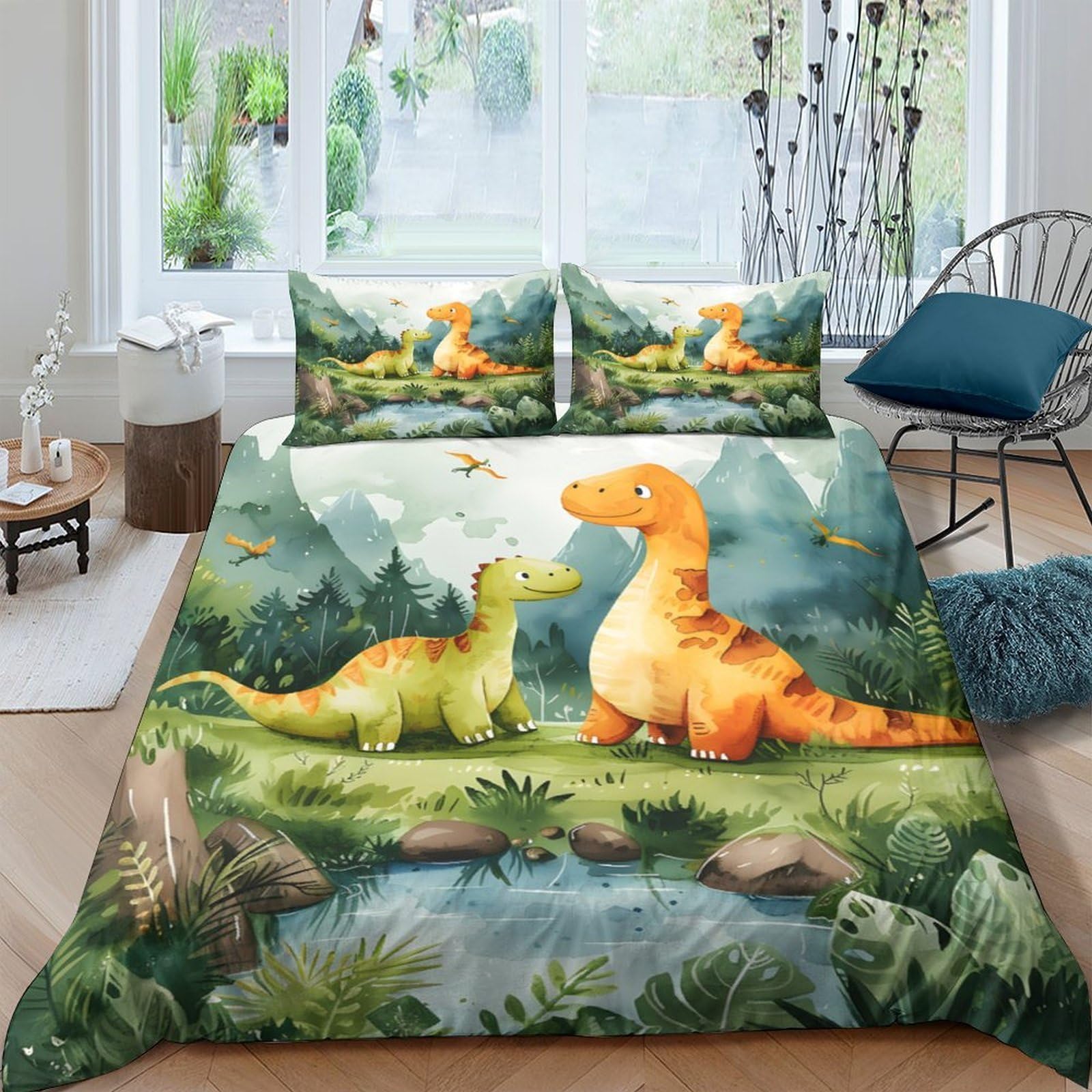 Ctjqhvkz Style-10 3D Printed Cartoon Dinosaur Fitted Sheet Microfiber Soft Green Orange Forest Bed Cover For Bedroom Guest Room Single（135X200cm）