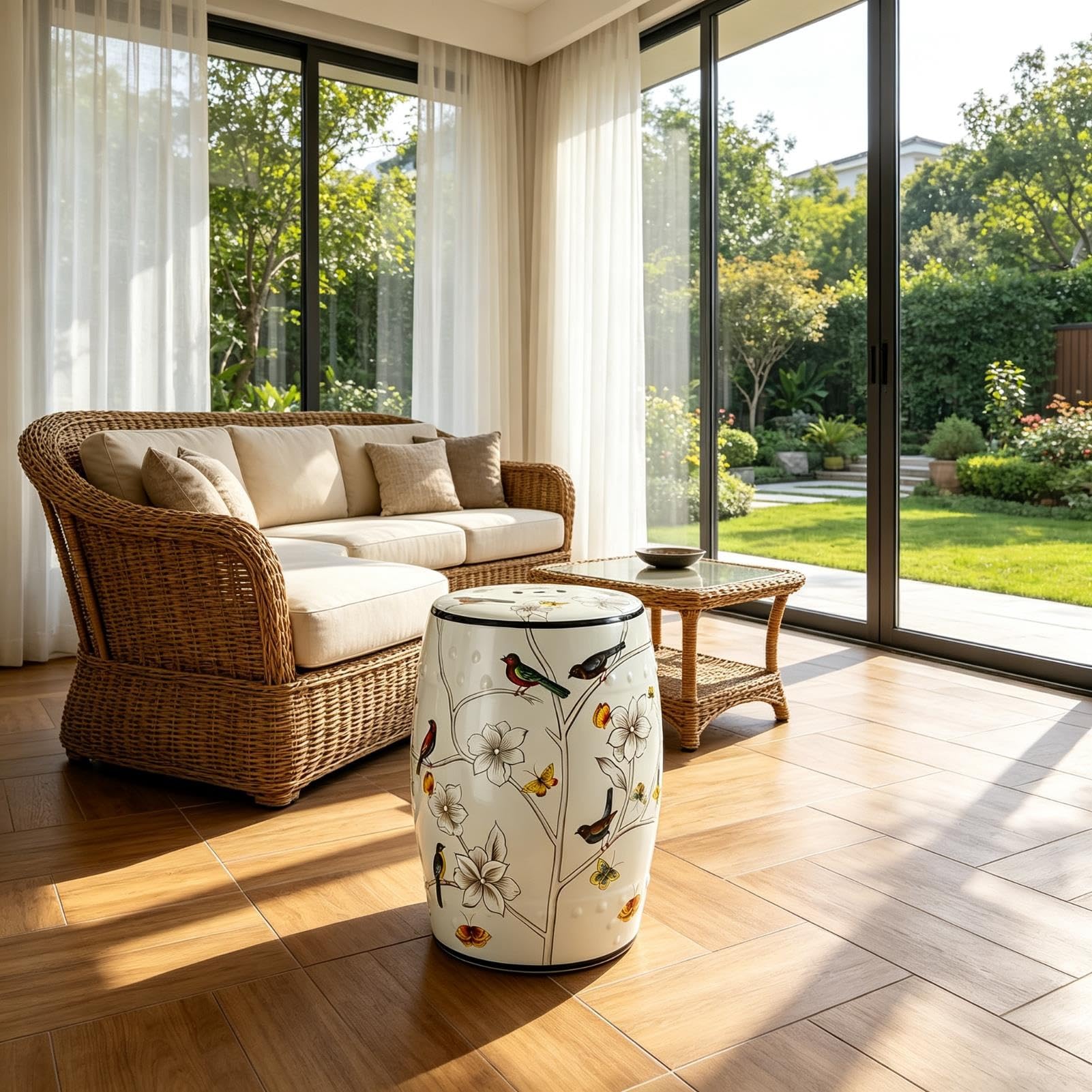 Stołek Ogrodowy Z Bębnem Ceramicznym, Ręcznie Malowany Kwiatowy Ptak, Tradycyjna Chinoiserie Do Użytku Wewnątrz/na Zewnątrz, Odporna Na Zalanie Glazura Do Salonu, Ogrodu, Balkonu(White)