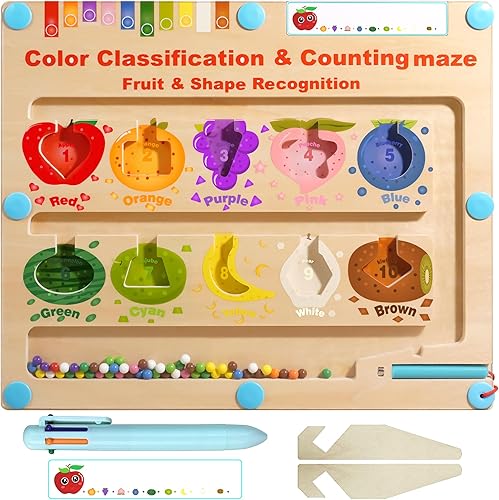 iwaki Laberinto magnético de color y números, rompecabezas Montessori de madera para clasificación de colores, aprendizaje de frutas, rompecabezas