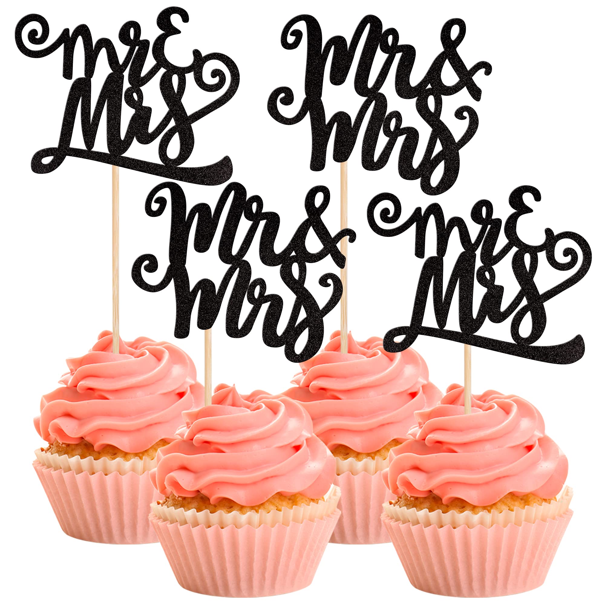 Rsstarxi 24 Pack Mr Mrs Cupcake Toppers Black Glitter Love Mr & Mrs Cucpake Picks for Wedding Engagement Bridal Shower Birthday Cake Decorations Party