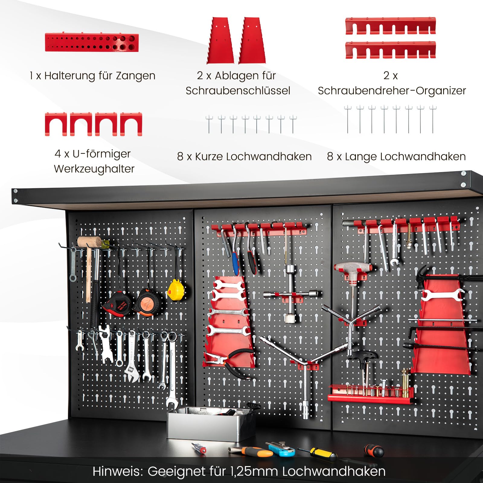 COSTWAY Werkbank, Werkzeugbank mit Lochwand, Werktisch mit Schublade, große Arbeitsplatte & 3 Ablagen, inkl. 13 Zubehörteile zum Aufhängen, Arbeitstisch für Garage und Werkstatt (121 x 61 x 156 cm)