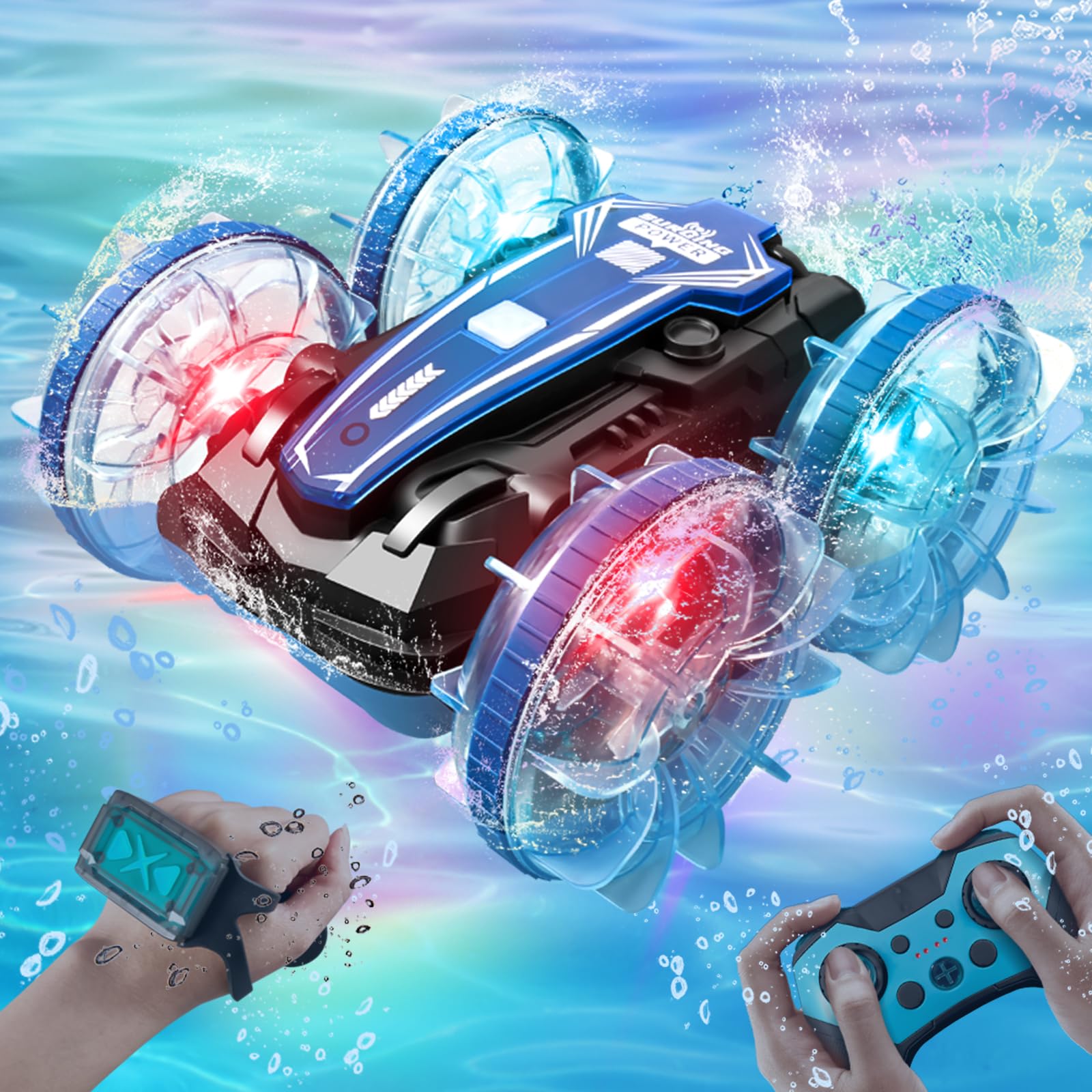 ENERHAMP Toys for Ages 5-13, Amphibious Remote Control Car, 2.5GHz 4WD 131Ft 360° Rotation, 180° Flip?60Mins Play, Rechargeable Gesture Rc Car with LED, Battery, Kid Toys, Christmas, Birthday Gifts