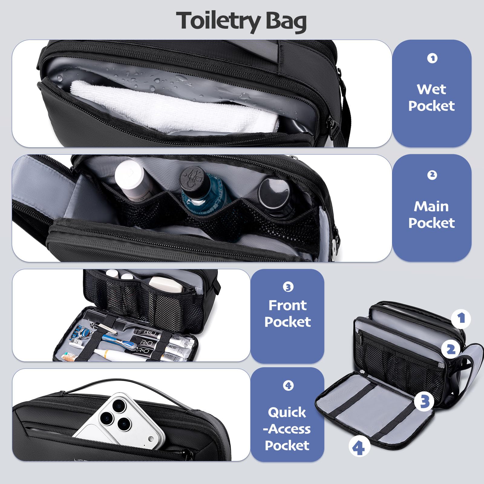 Neceser Hombre Viaje Impermeable, Bolsa de Aseo Grande con Apertura 180° Neceser Colgante con Compartimento Húmedo Separado, Organizador de Artículos de Tocador 1800D Oxford para Viaje Negocios-Negro