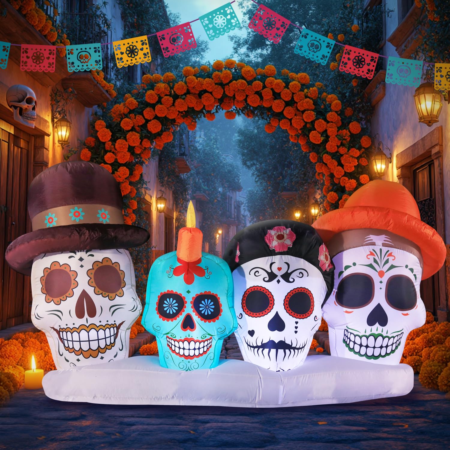Inflable De Halloween Calavera De Azúcar Con Guitarra | 1,2 Metros Con Luces LED | Decoración Día De Muertos Para Jardín Y Césped