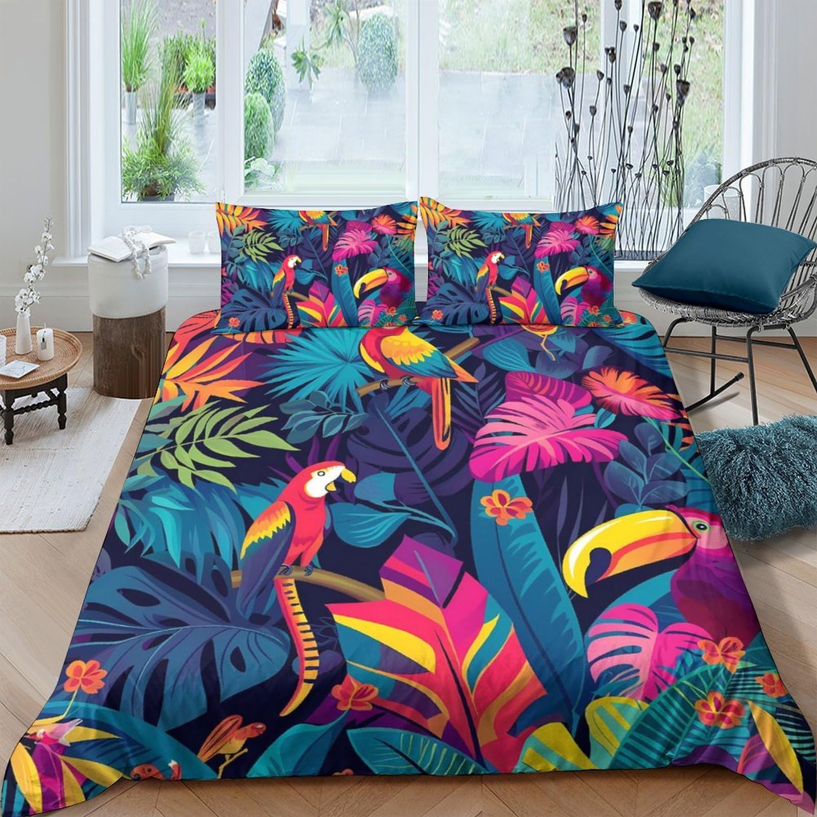 Ctjqhvkz Style-4 3D Printed Tropical Parrot Fitted Sheet Microfiber Soft Mattress Cover Colorful Jungle Toucan Pattern For Bedroom Dorm Decor Single（135X200cm）