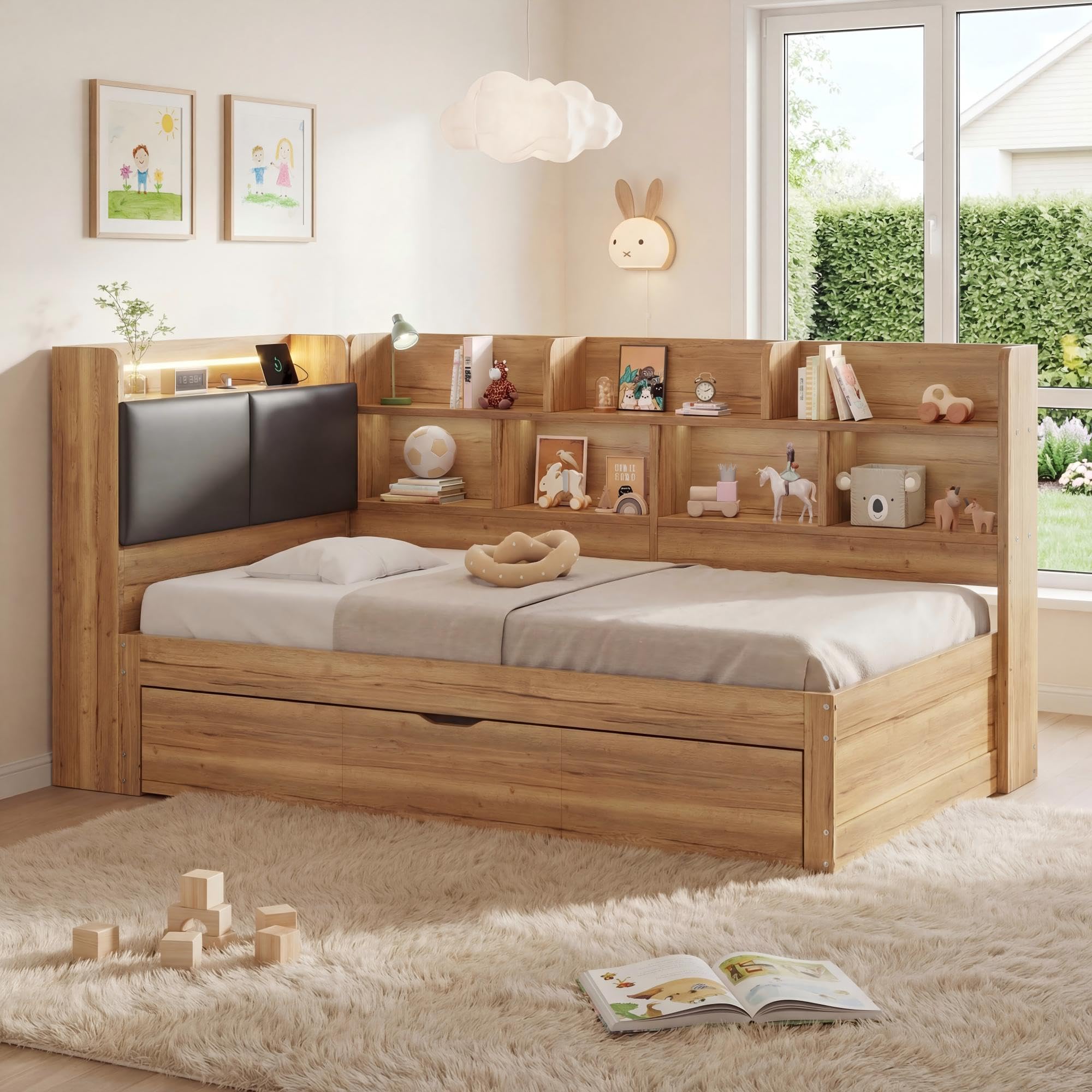 Cama infantil de día de 90 x 200 cm con cama nido de 90 x 190 cm, cama de día de madera con espacio de almacenamiento, compartimentos, diseño funcional, cama juvenil para habitación infantil