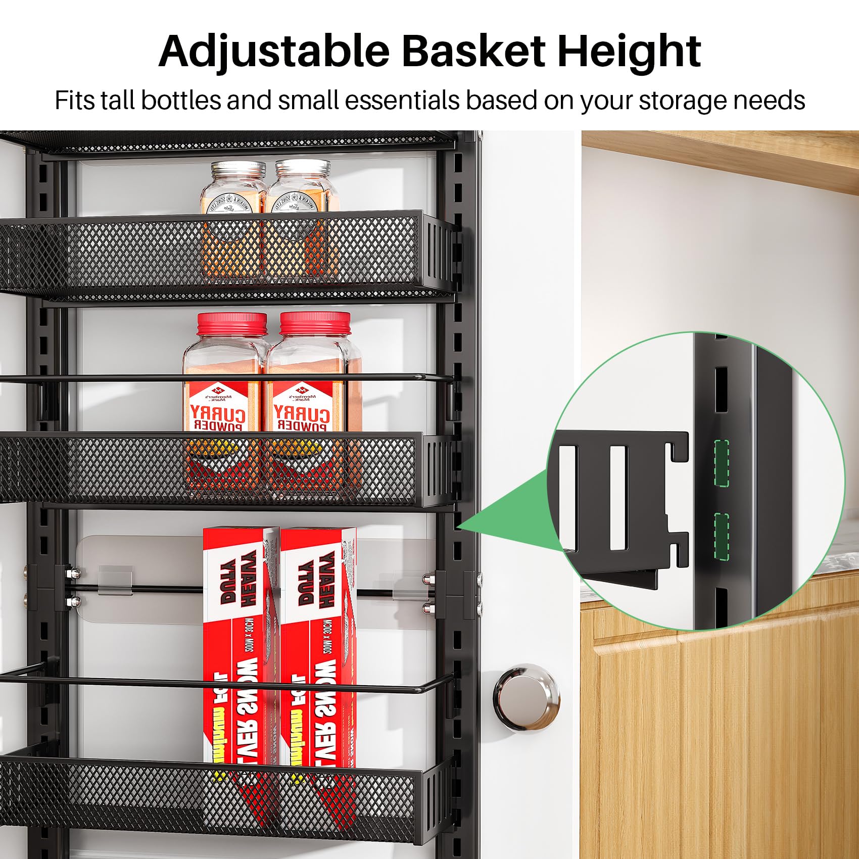 SNTD Organizador de despensa sobre la puerta, organizador de especias ajustable de 8 niveles, estante de especias para puerta colgante de gran capacidad para organizar despensa de cocina y