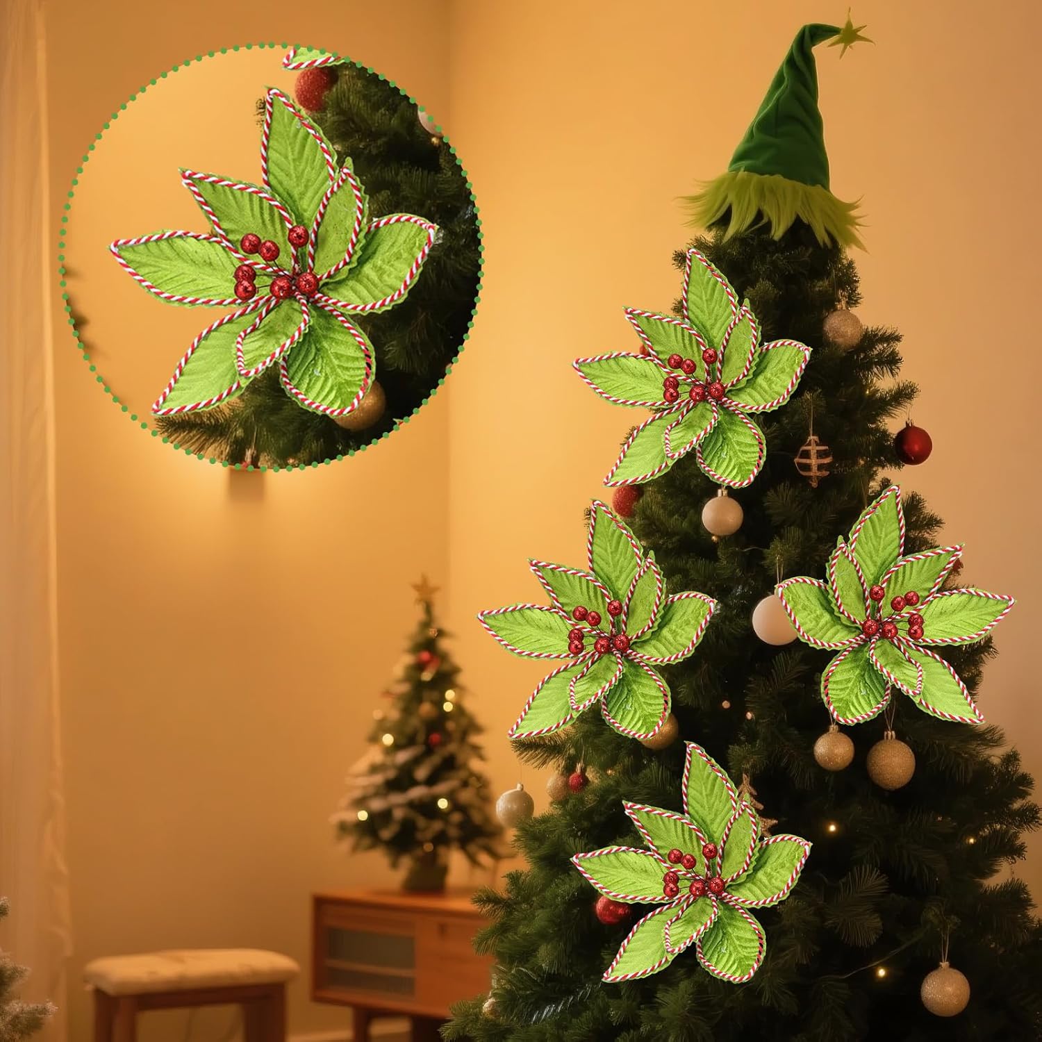 4個 ジャンボ人工クリスマスフラワー 17インチ ポインセチア クリスマスツリーデコレーション オーナメント キラキラ ポインセチア