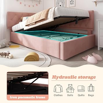 3ft Single Upholstered Bed with Hydraulic Storage, Sofa Bed with Storage, Velvet, Pink, 90 x 190 cm (No Mattress)