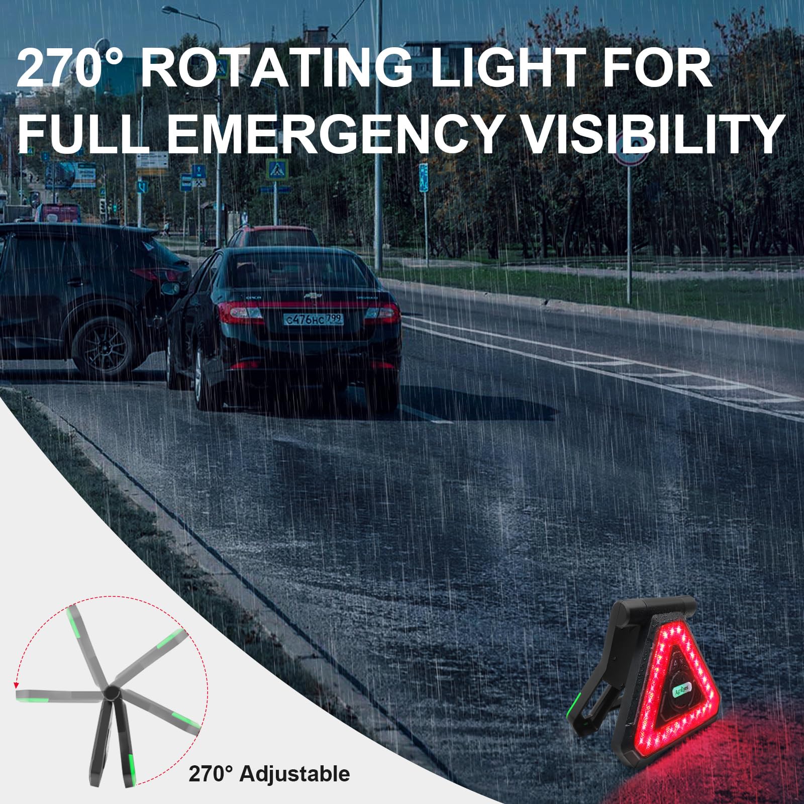 Agrieyes Luce triangolare di emergenza ricaricabile USB-C, luce di avvertimento LED lampeggiante portatile con 5 modalità, luce di avvertimento stradale portatile per auto, camion, camper, veicoli