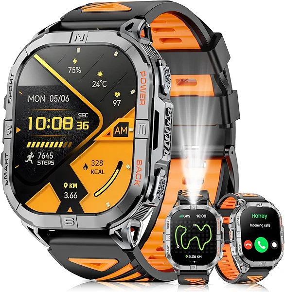 Joautrial Military Smart Watch for Men Built-in GPS with LED Flashlight Compass, 2.13" AMOLED Tactical Smart Watches with Answer/Make Calls, 3ATM Waterproof Fitness Tracker for iPhone Android (Black)