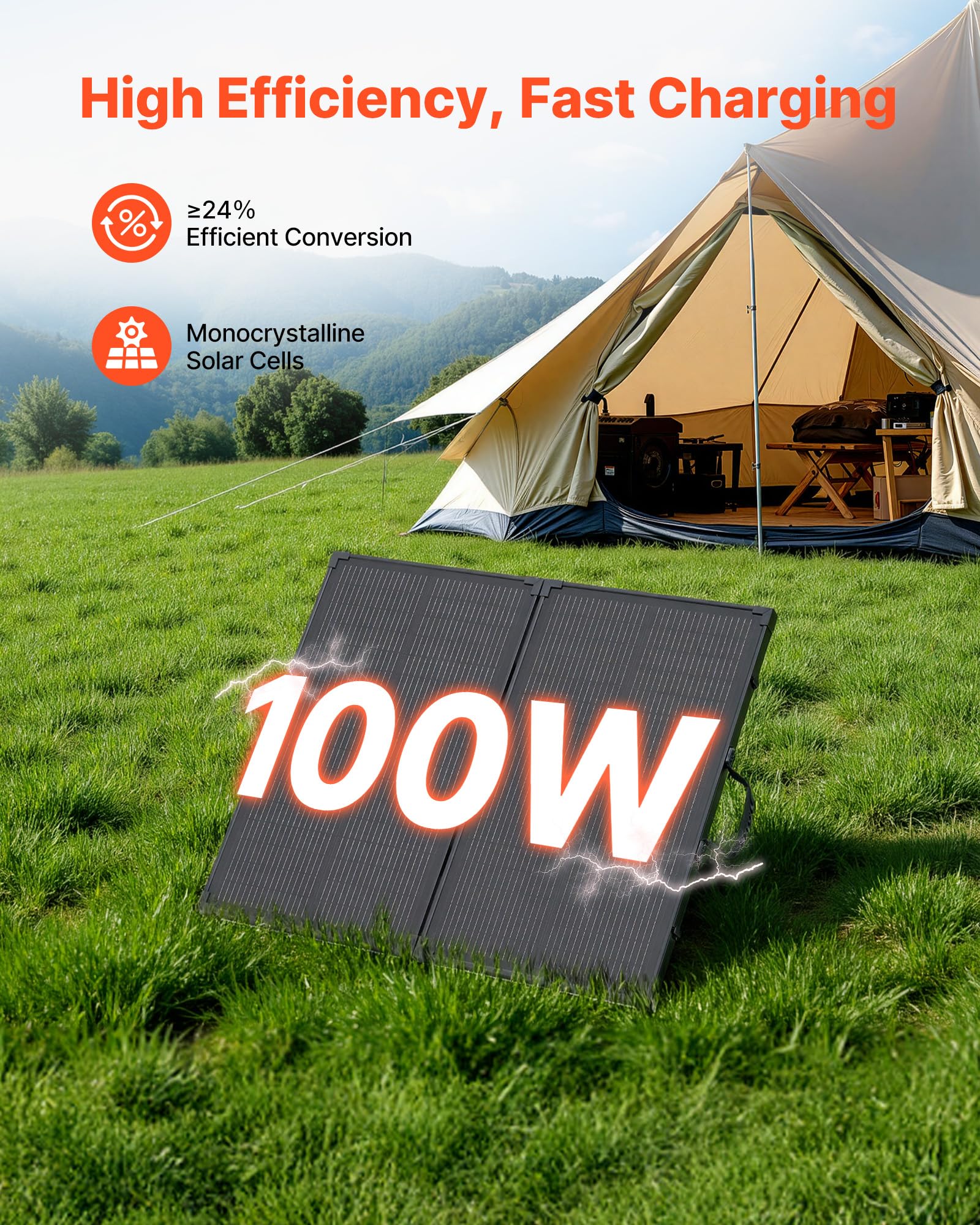 VEVOR Panel Solar Portátil 100W, Placa Fotovoltaica Plegable con Marco, Control y Salida MC4, IP67 Impermeable, Eficiencia hasta 23%, Cargador Solar para Acampadas Autocaravanas Senderismo Viajes