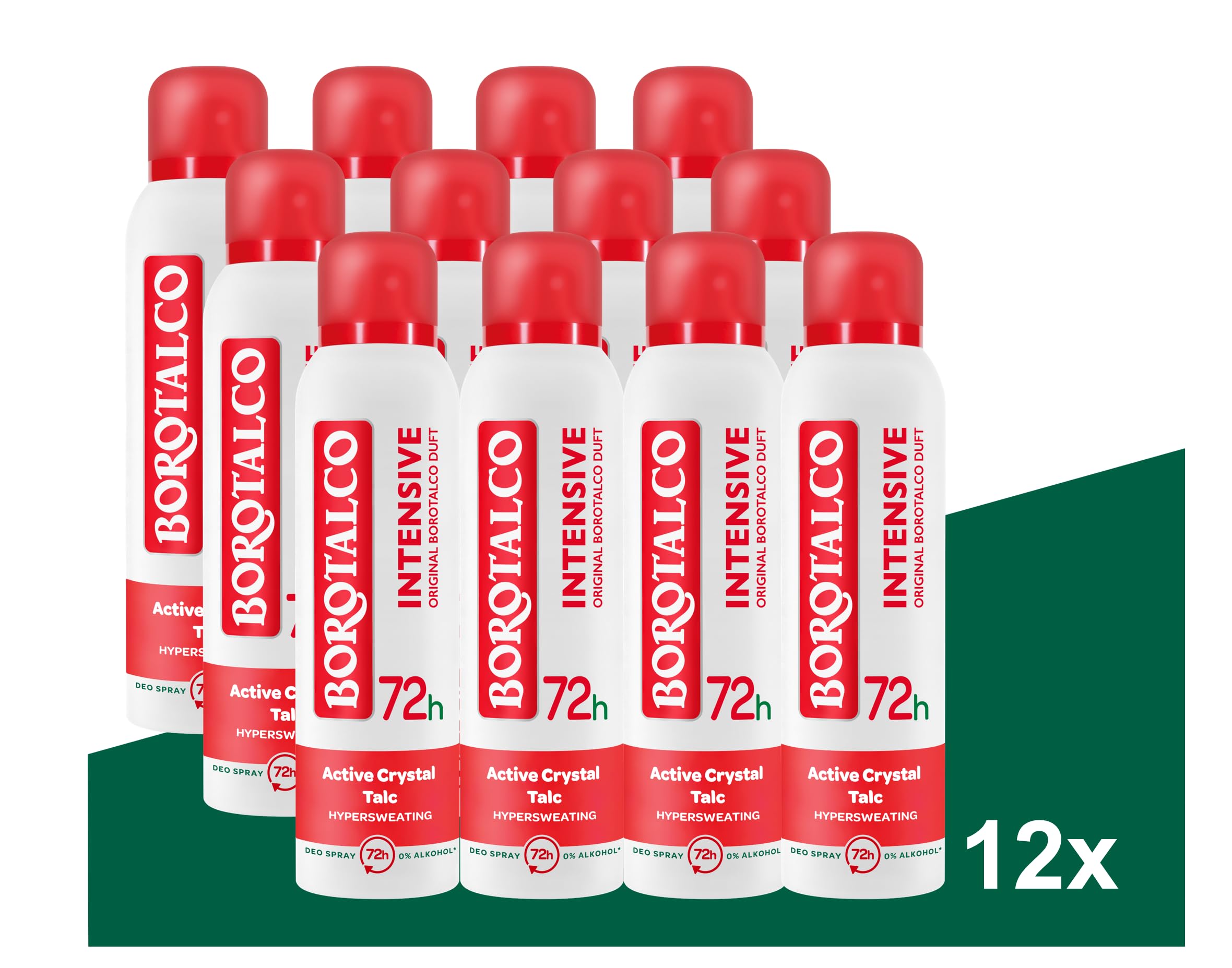 Borotalco Intensive - Deospray 12x150ml - 72 Stunden Wirksamkeit - Formel mit Active Crystal Talc für dreifachen Schutz gegen Schweiß- Herren & Damen - Bodyspray