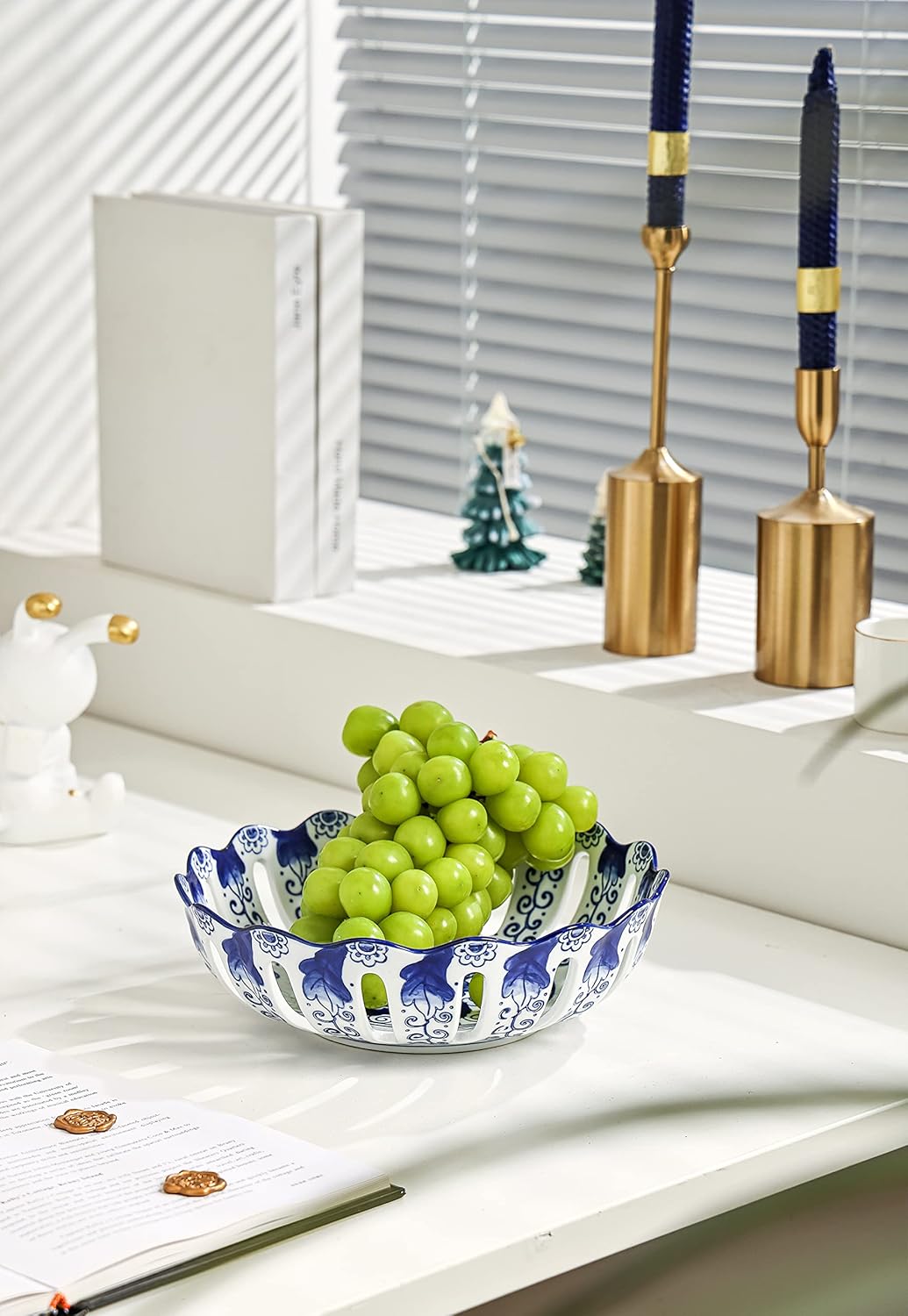 Blue and White Decorative Fruit Bowl, Chinoiserie Decor, Porcelain Home Decor for Kitchen Counter, Round, 10"