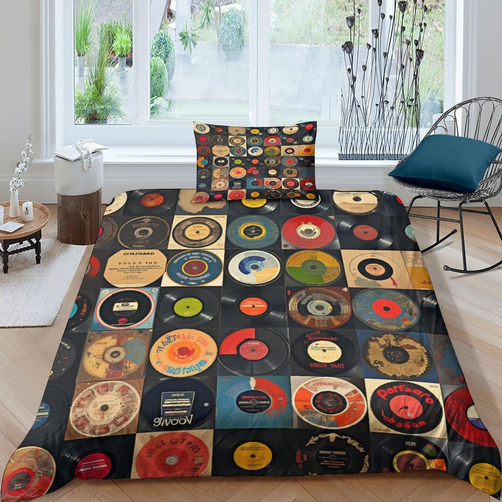 Crjus Men's Style-1 Music Record Bedding Set Duvet Cover Set With Zipper Closure, Quilt Cover Set For Teen Kids Boys Girls Adult, Durable Microfiber 2 Piece Set Single（135X200cm）