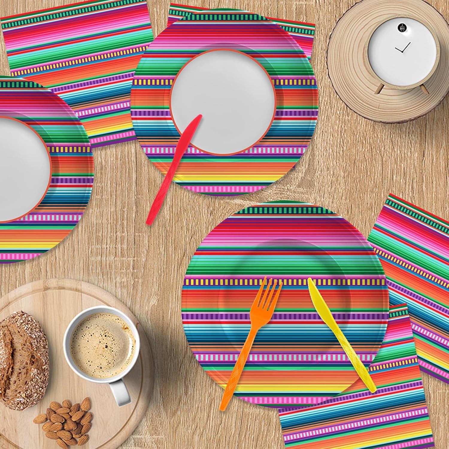 140PCS Mexican Serape Fiesta Plates and Napkins Set, Fit Mexican Themed Paper Dessert Plates, Taco Colorful Stripes Pinata Ponchos Platters Dance Party, Serves 20 Guests - Image 5