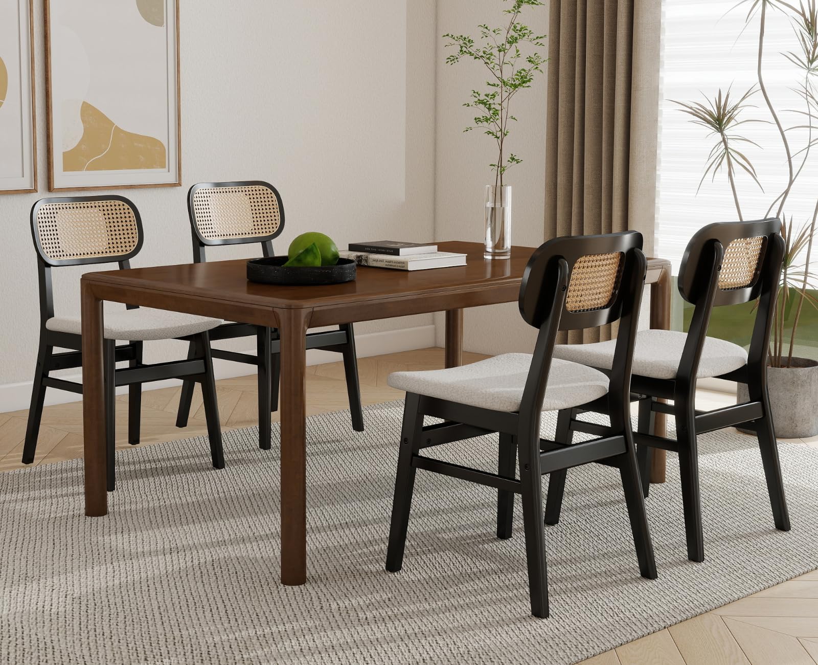 Shunzhi Rattan Dining Chairs Set of 4 Farmhouse Black Wood Dining Room Chairs with Cane Back Mid Century Modern Sherpa Kitchen Chairs Upholstered Boho