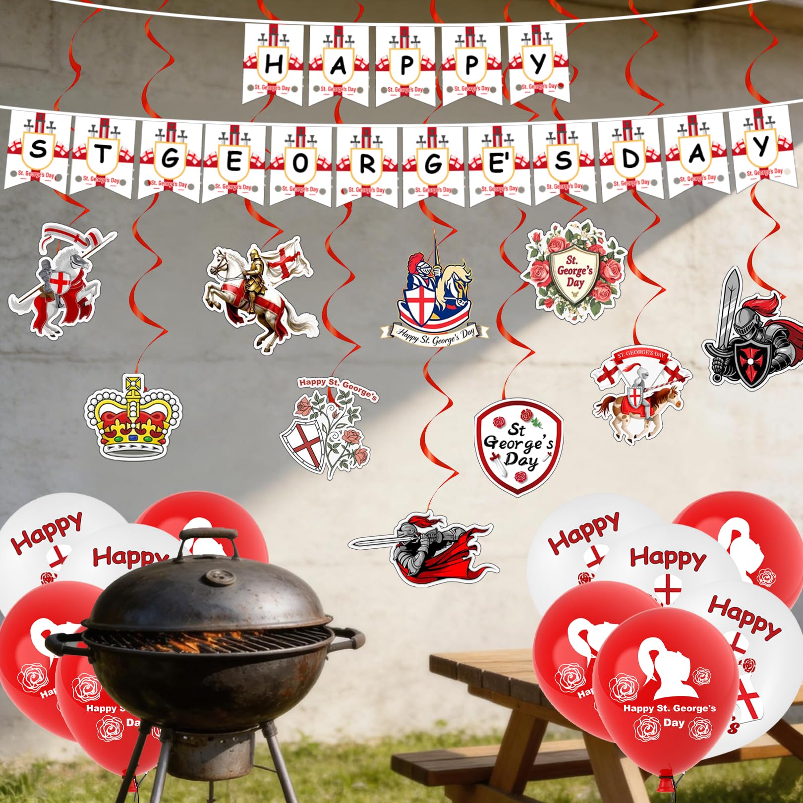 England St Georges Day Decorations Kit Happy St Georges Day Banner Swirls Balloons Hanging Decorations Indoor Outdoor Party Celebration Accessories — view 6