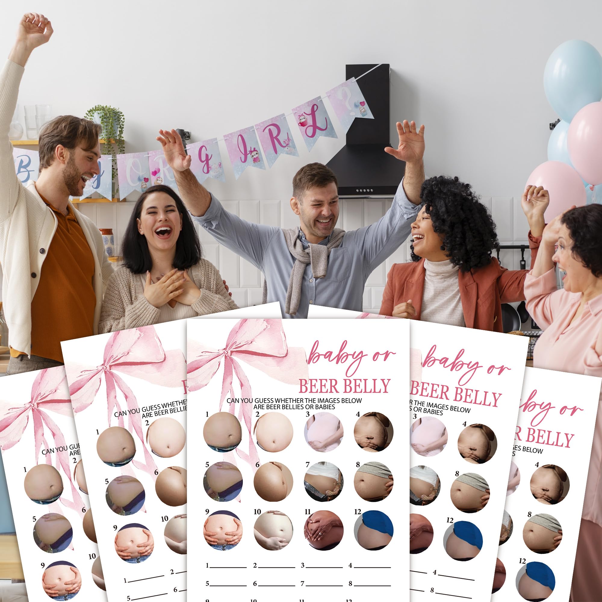 Karty do gier dla niemowląt lub piwa, baby shower, 25 neutralnych płci kart z 1 kartą odpowiedzi, różowy łuk, ujawnienie płci, zestaw akcesoriów imprezowych, dekoracje na baby shower (13 x 18