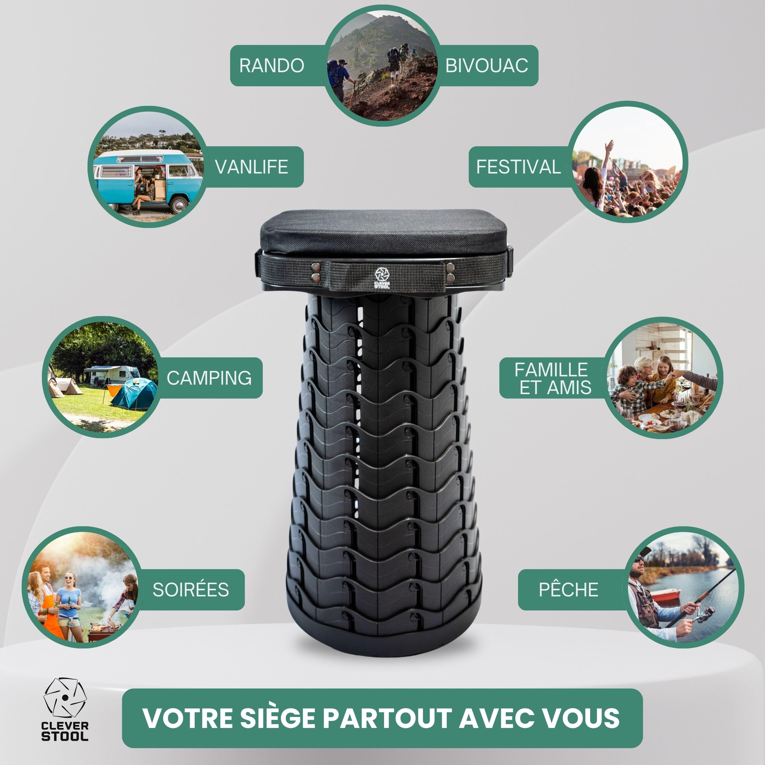 Tabouret Pliable Télescopique Confort avec Coussin – Ultra Résistant 220 kg, Siège Portable Réglable pour Camping, Pêche, Festival, Voyage